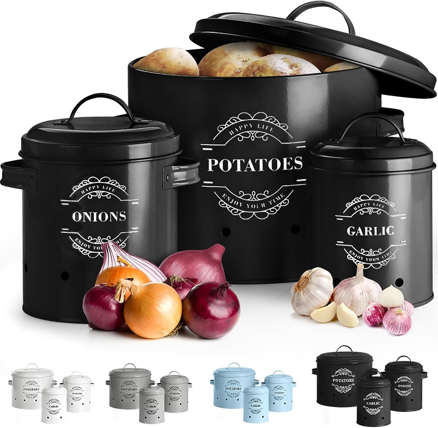 Set of 3 Potato Onion Garlic Storage Bins Kitchen Vegetable Storage Tins Potato Storage Jars with Lids Onion Storage Containers with Ventilation Holes Keeps Vegetables Fresh Longer (Black)