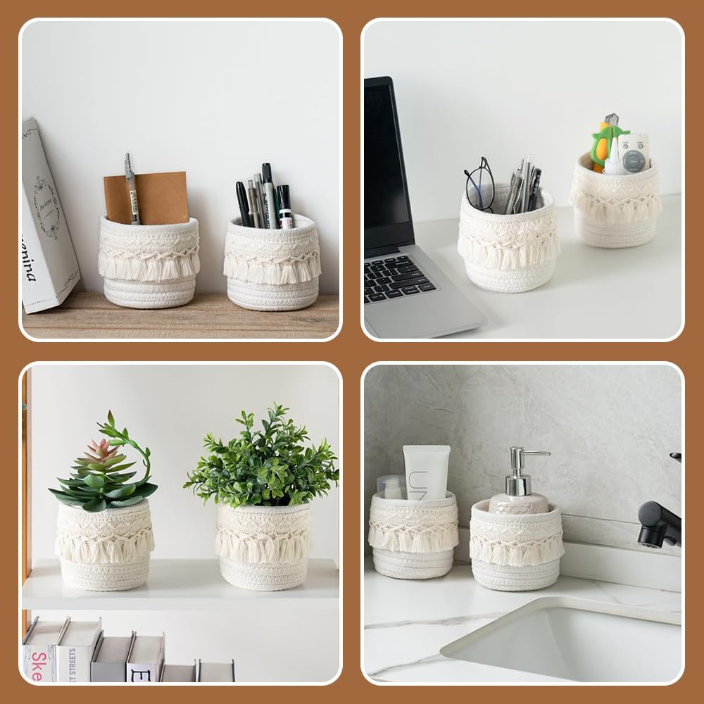 MOTRAIN Set of 2 Macrame Makeup Brush Holder Organizer Comb Brushes Mini Storage Basket Boho Decor Baskets for Pen Pencil Box Container, Ivory image number 2