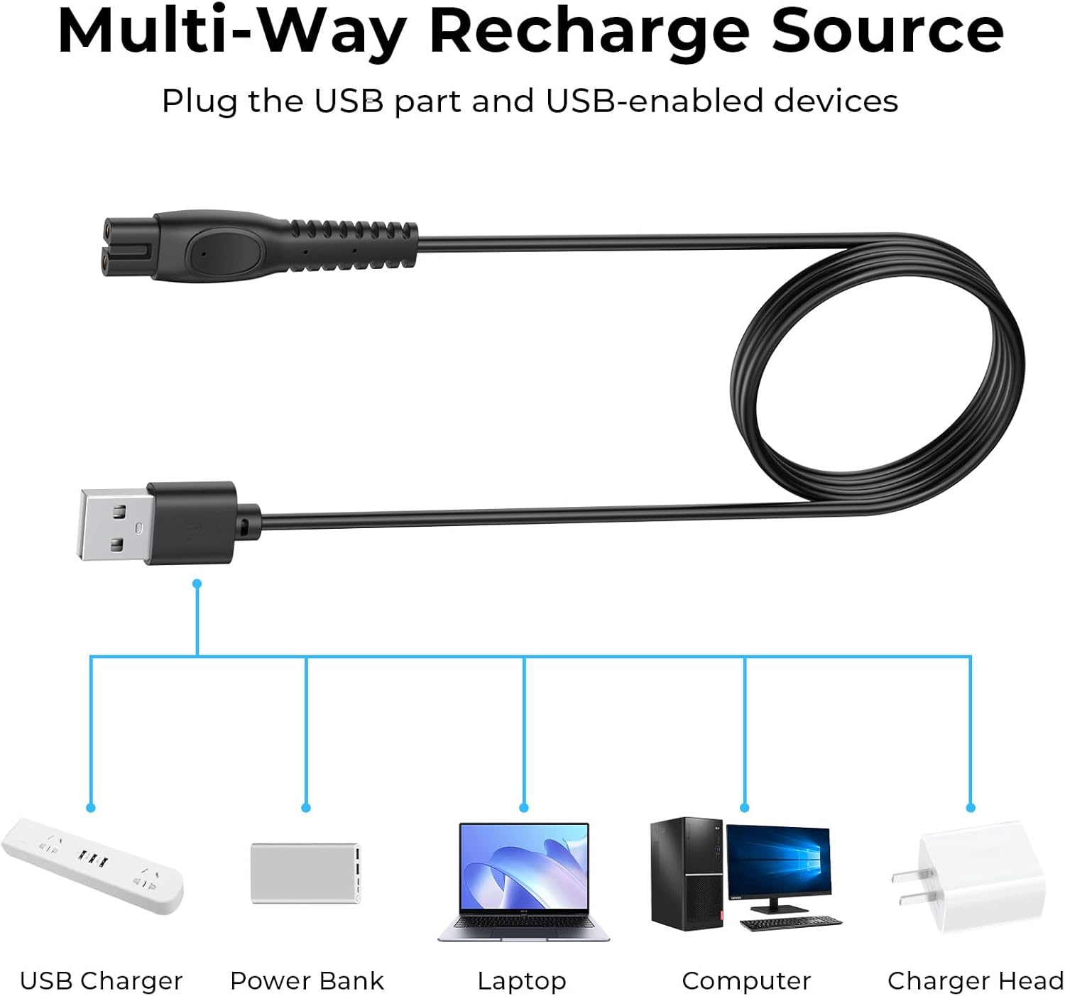 1M/3.3Ft 5V Charger for Philips Shaver Charger PQ888 PQ889 S9647 S7832 S7837 S8850 S9642 X5003 X5005 X5009 S5835 S5836 S1112 S1113 S1115 S1118 Shaver Adapter Power Supply Cord USB Charging Cable image number 3