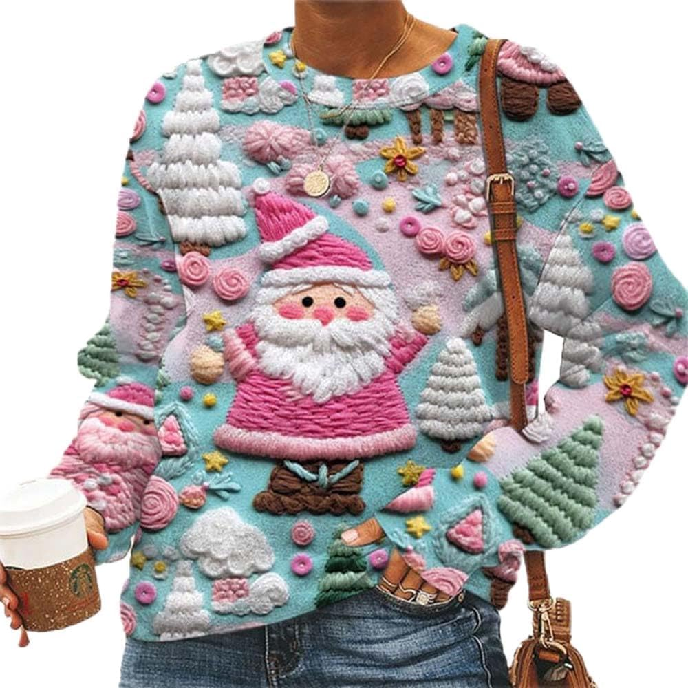 Amazingeverything Pink Santa Shirt Pink Santa Sweatshirt Cute Santa Pink Santa Claus Ugly Christmas Sweater for Women image number 2