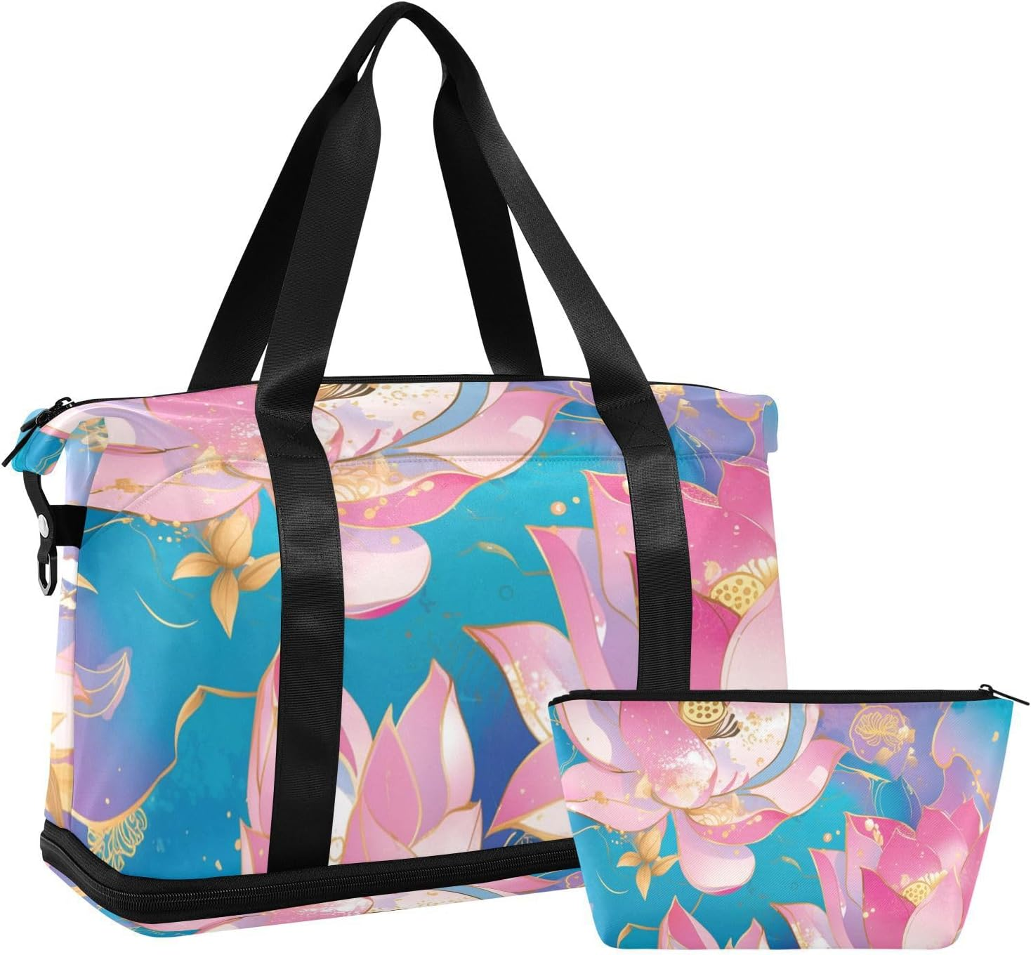 Rose Gold Flower Tote Bag Travel Weekender Gear Bag with Toiletry Bag for Travel Foldable, Rose Gold Flower, 1 Size image number 6