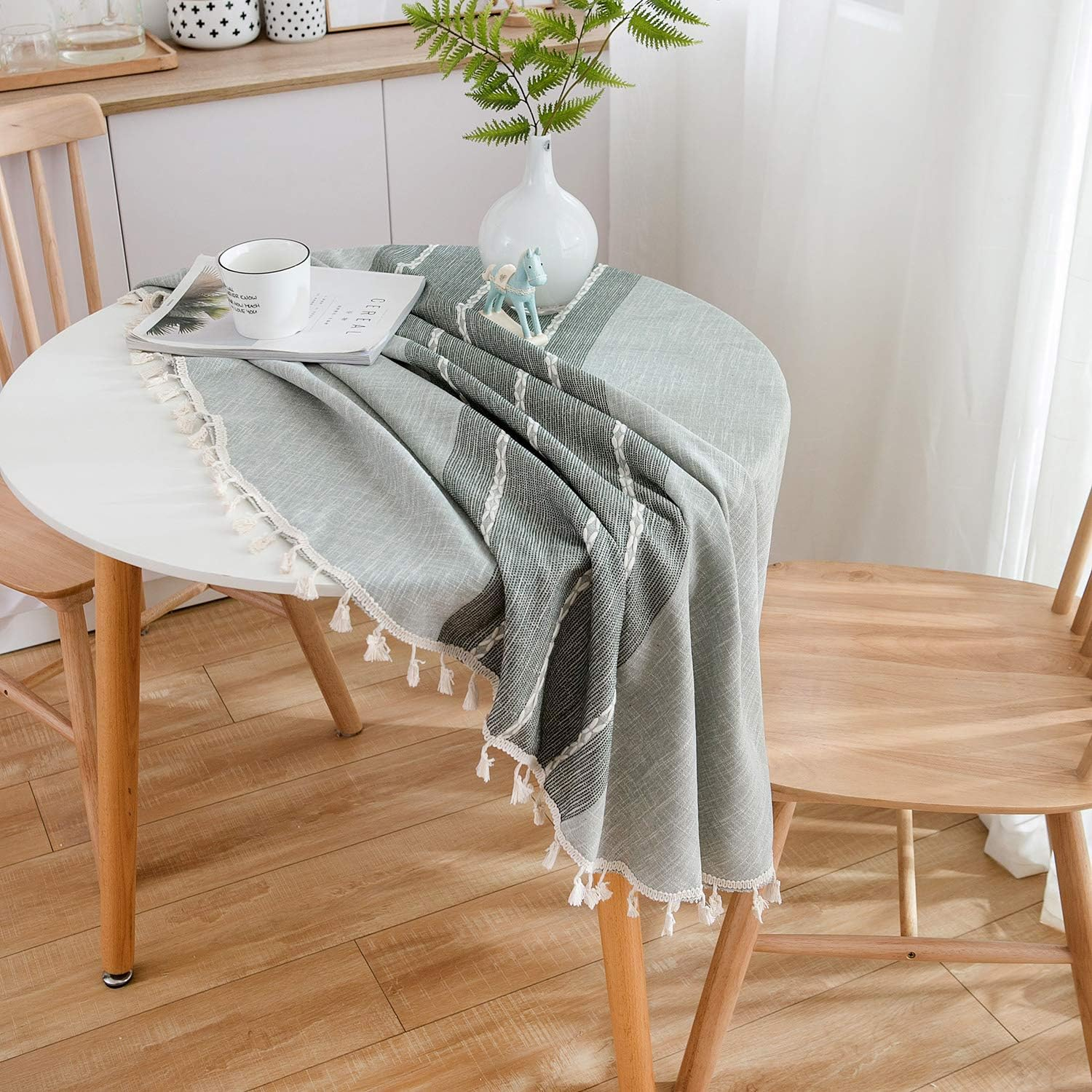 Colorbird Stitching Tassel Tablecloth Heavy Weight Cotton Linen Dust-Proof Table Cover for Kitchen Dinning Tabletop Decoration (Round, 60 Inch, Grey) image number 1