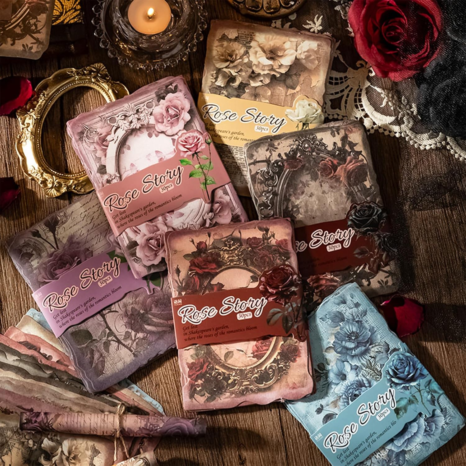 Prstincol 180 Sheets Scrapbook Paper,6 Pack(60 Designs) Rose Story Style Mixed Media Collage Paper for Scrapbooking, Junk Journals, Card Making and Decoupage,3.9X5.5 Inch