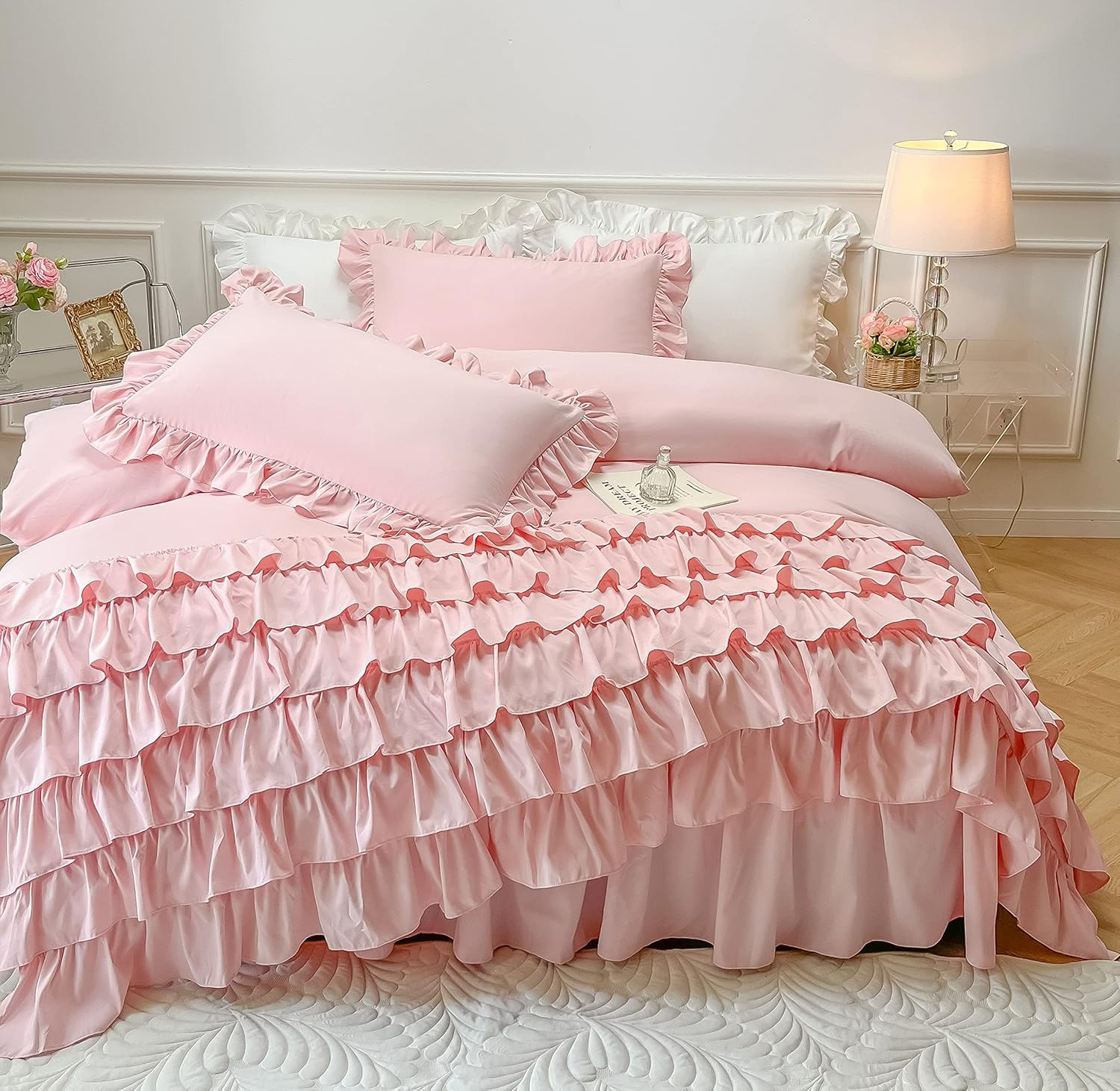 MOOWOO Girls Bedding,Waterfall Ruffle Duvet Cover -Full 3 Piece Shabby Chic Bedding Solid Color Soft and Breathable with Zipper Closure,Corner Ties,Aesthetic Bedding-Pink,Full