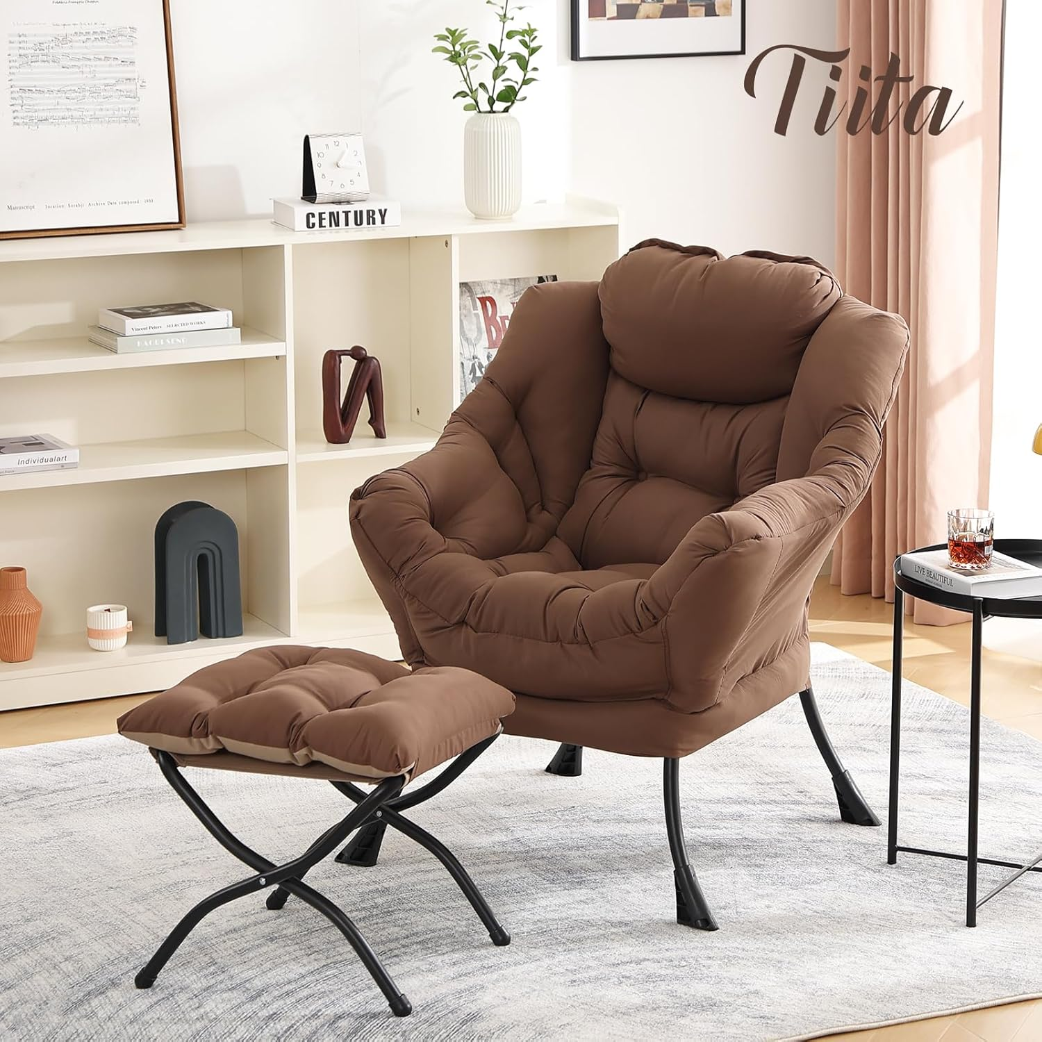 Tiita Lazy Chair with Ottoman, Modern Large Accent Lounge Armchair, Comfy Leisure Sofa Reading Chair with Footrest for Bedroom, Living Room, Dorm Rooms, Garden and Courtyard, Brown - Peach　Blue image number 2