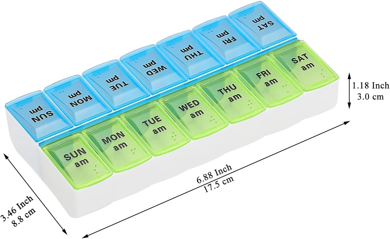 Berglander Pill Organizer 7 Day 2 Times a Day, Large Weekly AM PM Pill Box, Day Night Medicine Organizer, Pill Case 2 per Day, Pill Container Twice a Day Blue and Green Lid image number 1