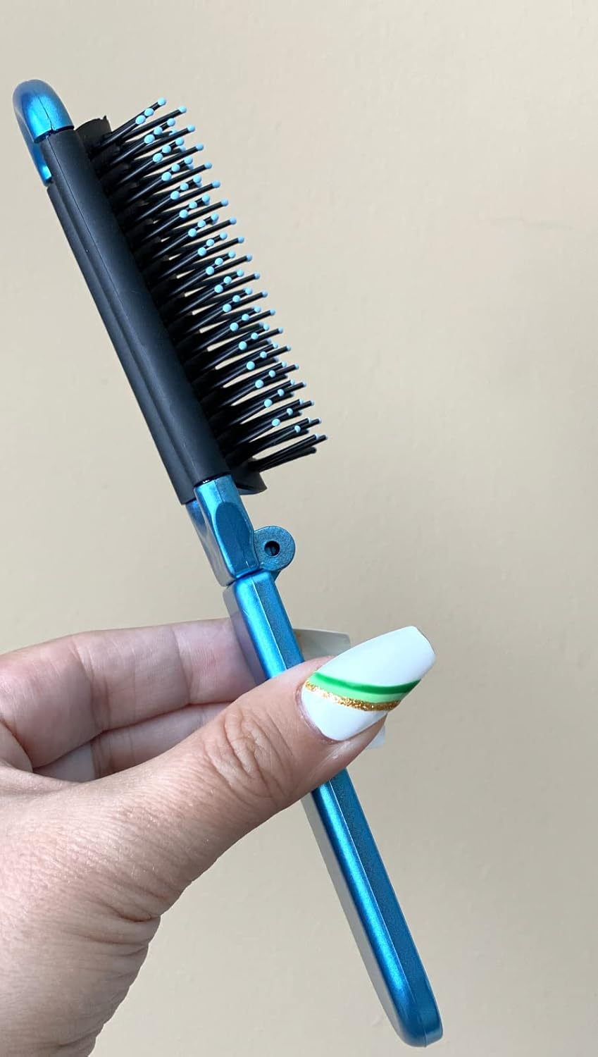 2 BLUE ALAZCO Folding Hair Brush with Mirror Compact Pocket Size Travel Car Gym Bag Purse Locker Swimming Camping Sleepovers and More image number 2