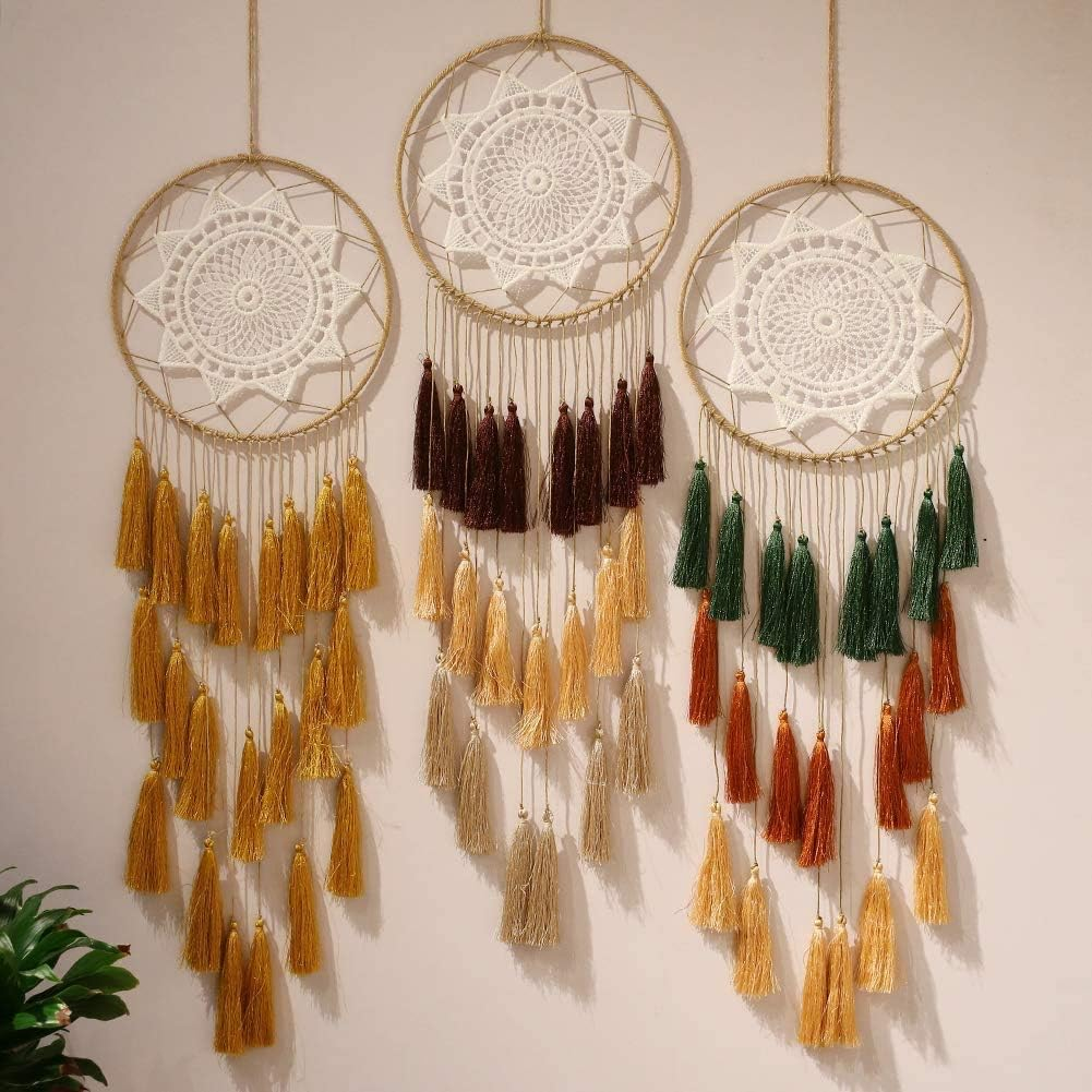 Macrame Dream Catchers for Bedroom Tassel Wall Hanging Handmade Dreamcatchers Home Decor with Ornament Craft Blessing Gift(Brown and Yellow) image number 4