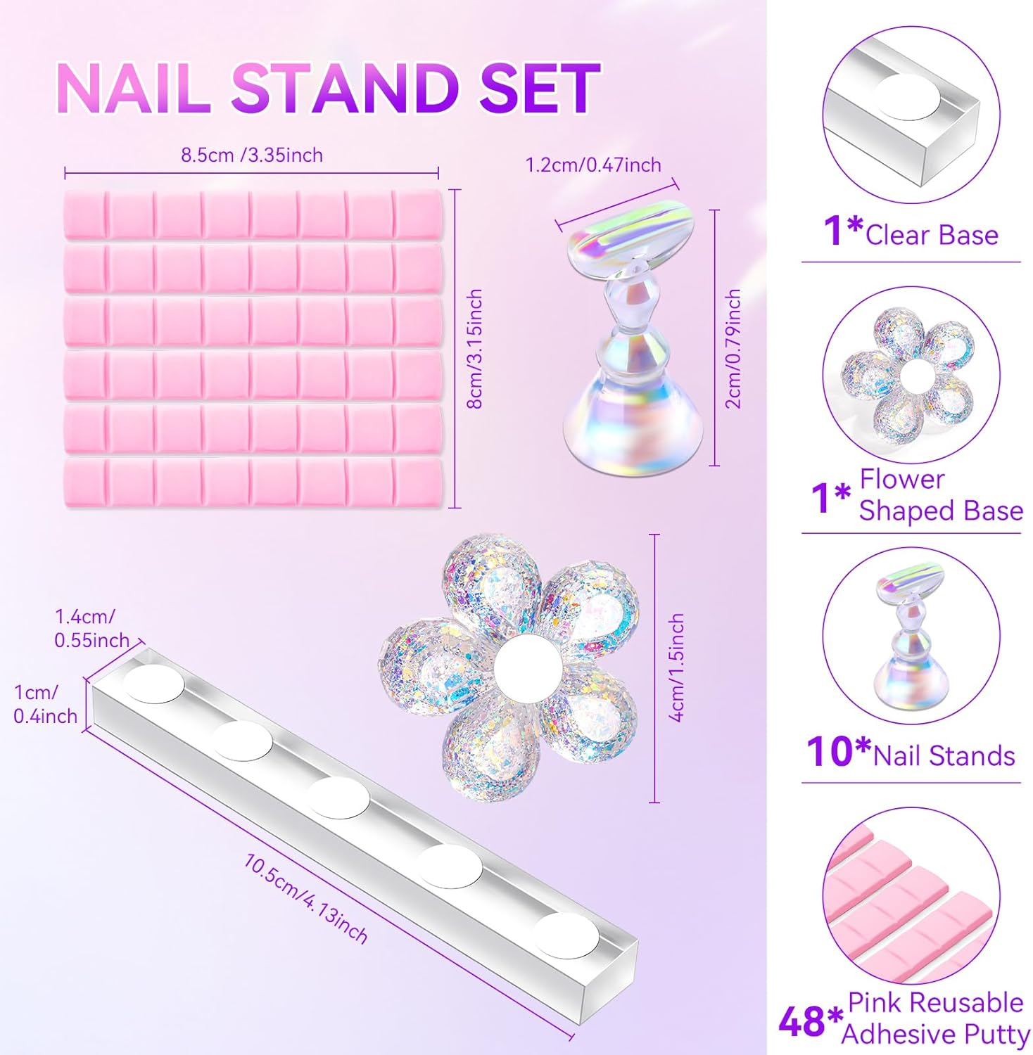 Makartt False Nail Stand: Transparent and Pink Nail Art Display Stand for Nail Art Displays Transparent Magnetic Nail Art Holder with Glitter and Reusable Adhesive Putty for Salon