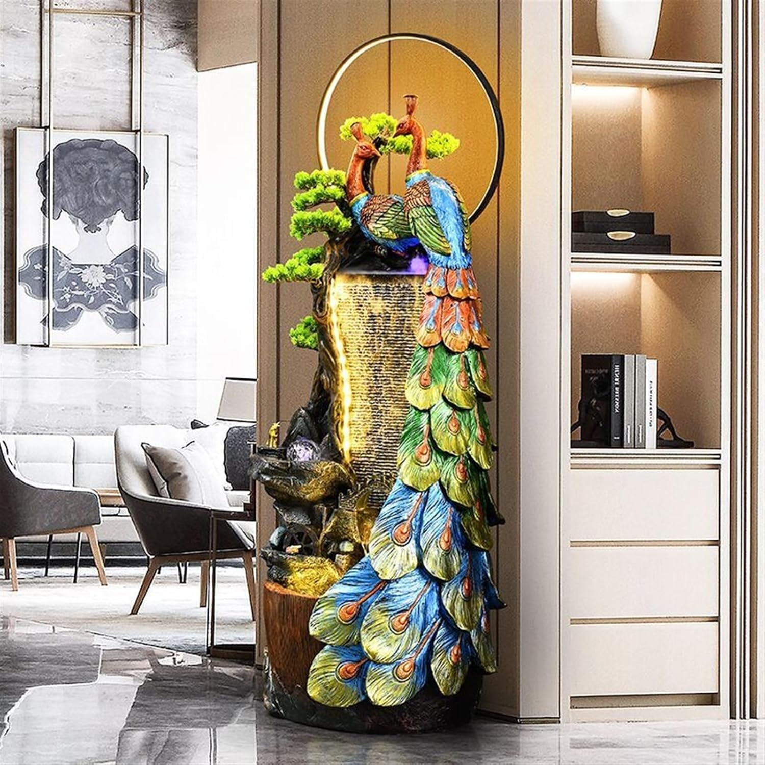 Outdoor Fountain Peacock Entrance Ornament, Large Fountain for Living Room, Resin Indoor with LED Lights, Suitable For, Balcony, Courtyard(63 * 46 * 157Cm) image number 2