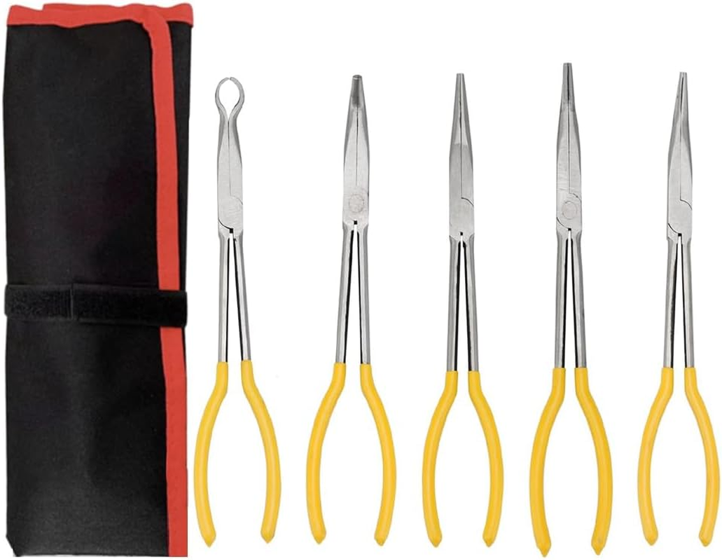 5-Piece 11-Inch Pliers Set: Long Nose, Straight, Bent Nose (25&deg;, 45&deg;, 90&deg;) & round Pliers for Car Repair image number 6