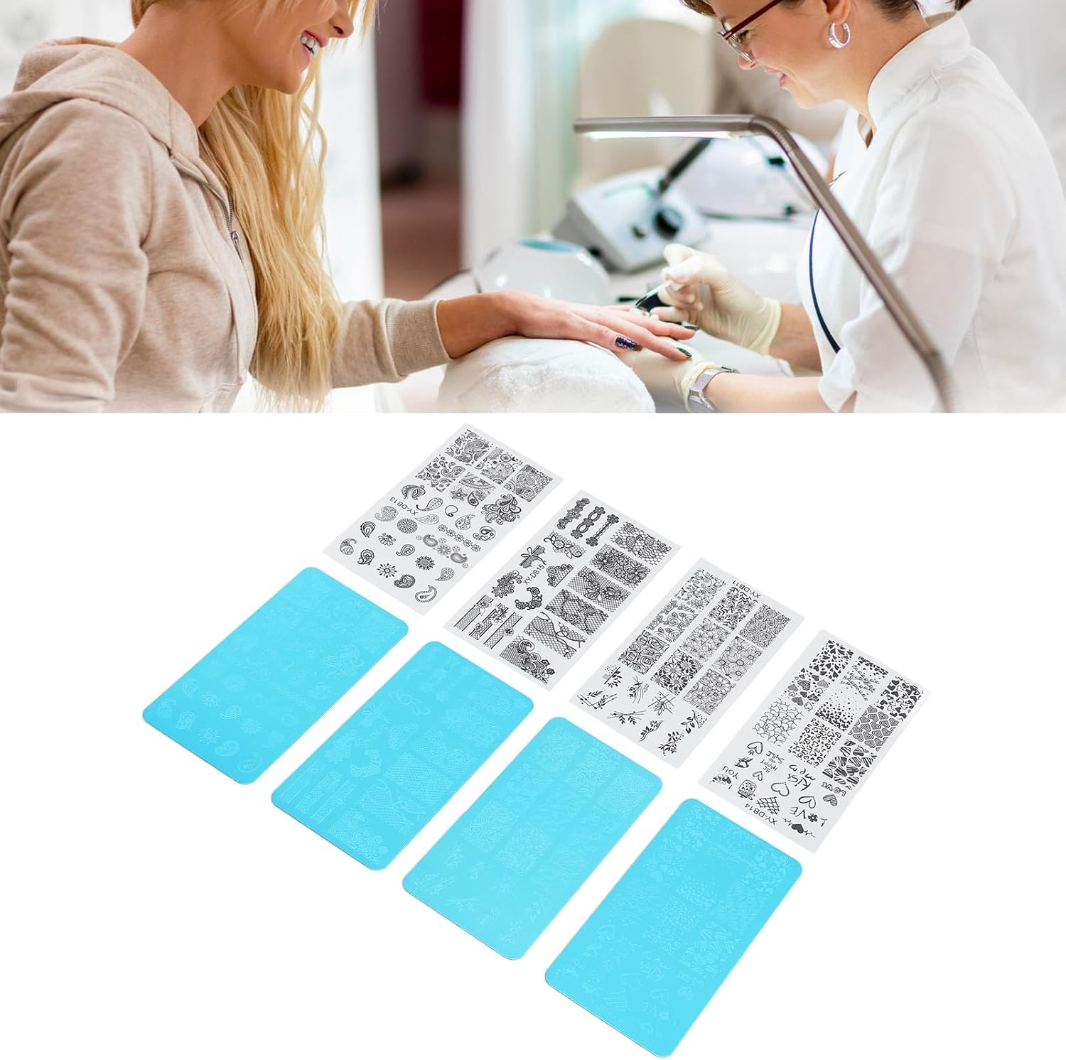 French Nail Art Stamping Plate 4Pcs Nail Polish Printing Steel Plate with Transparent Films Nail Stamping Plate for Artificial Nails image number 1