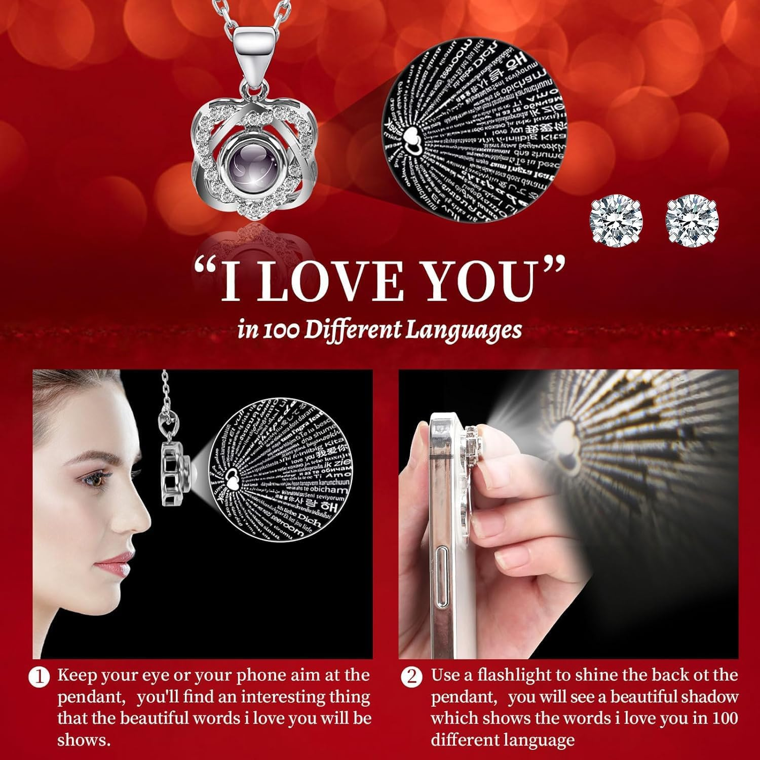 Preserved Red Real Rose with Heart I Love You Necklace & Earrings, Eternal Flower Rose Birthday Gifts for Women Her Mom Wife Girlfriend Grandma on Valentines Mothers Day Christmas Anniversary Romantic - Red Without Light image number 4