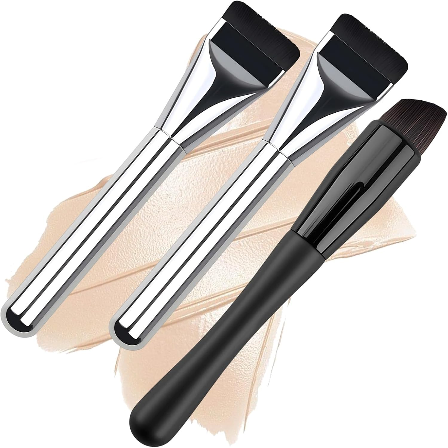 3Pcs Flat Foundation Brush,Face Mask Brush Makeup Spatula Facial Brush for Liquid Foundation Mask, 2 Flat Foundation Brushs & 1 Makeup Brush,Premium Face Korean Makeup Brush for Blending Cream（Silver/Black） image number 5