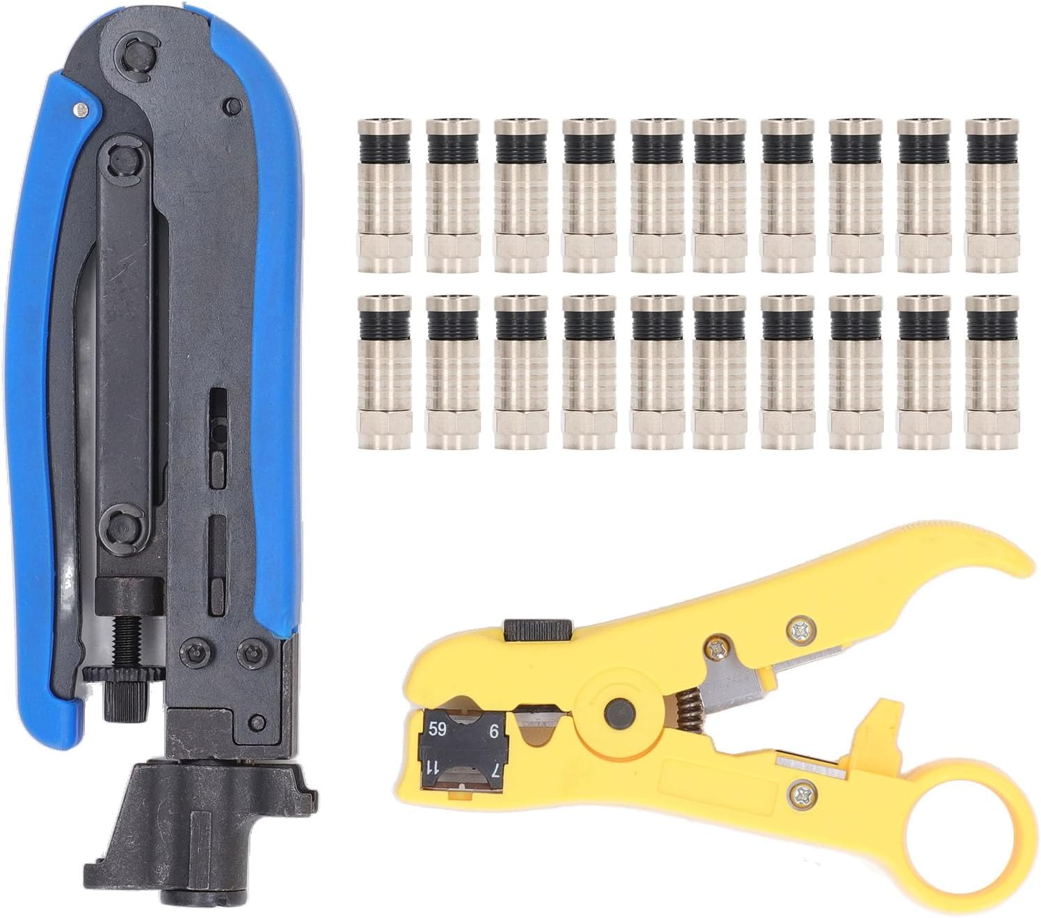 Coax Crimper Tool Kit, Adjustable Coaxial Cable Crimper Stripper with RG6 Connectors, Suitable for RG6, RG59, RG11, 75 5 7 Metric Imperial F Connectors, Indoor Use image number 1