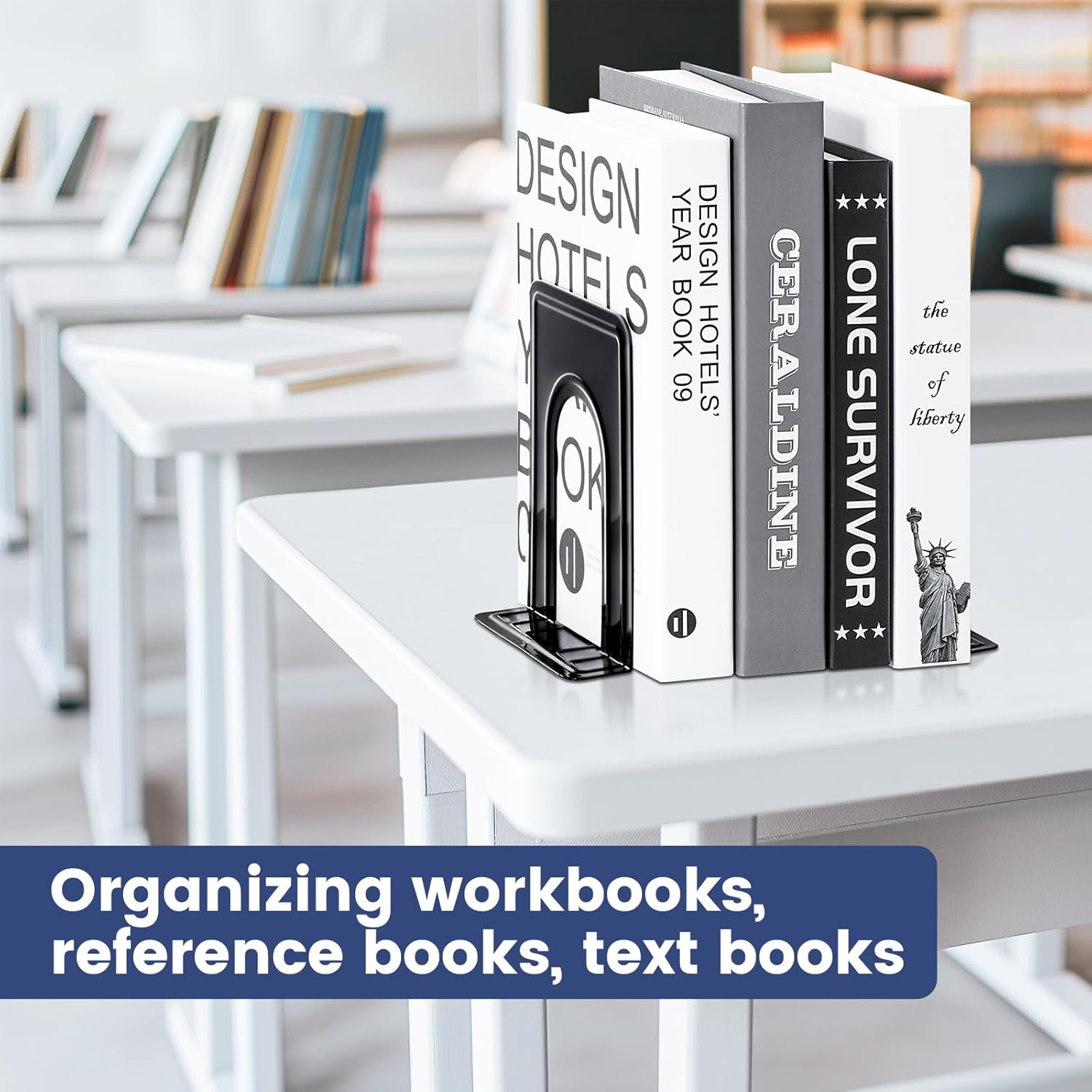 Happyhapi Book Ends Metal Bookends for Shelves,14 Pcs Book End to Hold Books Heavy Duty,Black Non-Skid Bookend,Book Holder Stopper for Shelf Office Home,6.5 X 5.7 X 4.9(7 Pairs, Large) image number 3