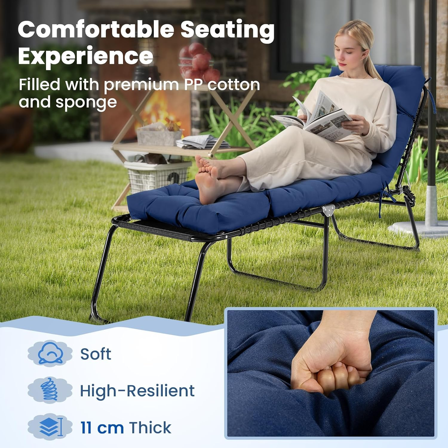 Costway Sunlounger Chair Cushion, High Back Recliner Cushion with 4 Fixing Ties, Thick Padded Reclining Chair Rocking Cushion for Outdoor Indoor (Only Cushion) (1, Navy, 186 X 56 X 11 Cm) image number 3