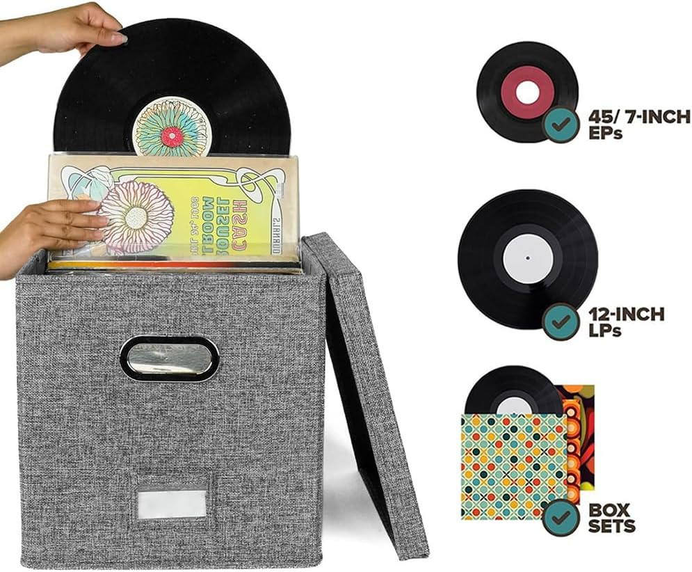 TOMVAES Vinyl Record Storage Box,Records Crate,Album Storage,Fabric Storage Boxes with Lids for Moving,Office,Closet,Home Organizer,33X33X33Cm,Grey