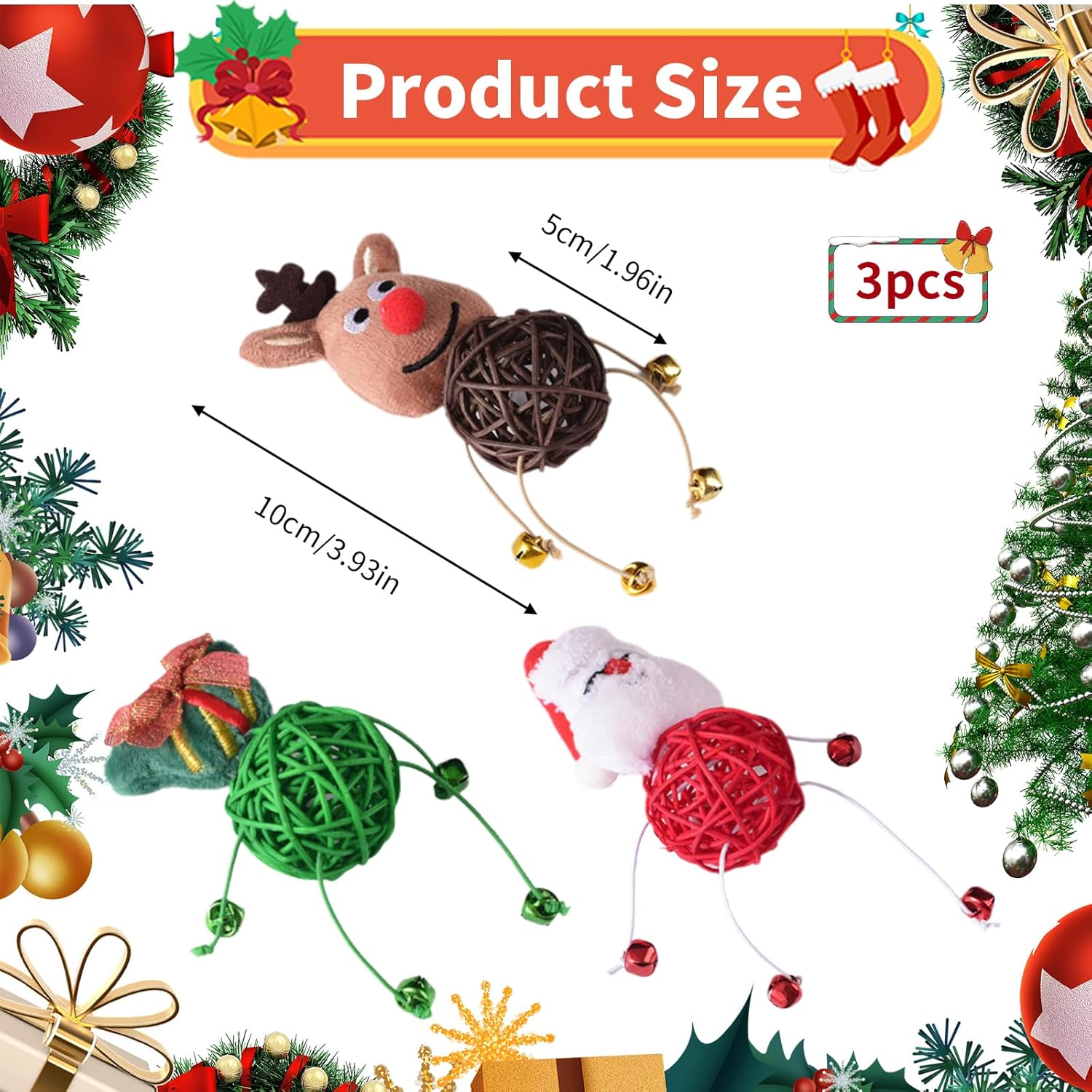 3 Pieces Christmas Cat Toys Santa Claus Kitten Rattan Balls Toys Elk Indoor Cats Plaything Toys Xmas Tree Chew Interactive Toy Christmas Pet Rattan Balls Toy for Cats Claw Chewing Teeth Cleaning image number 2