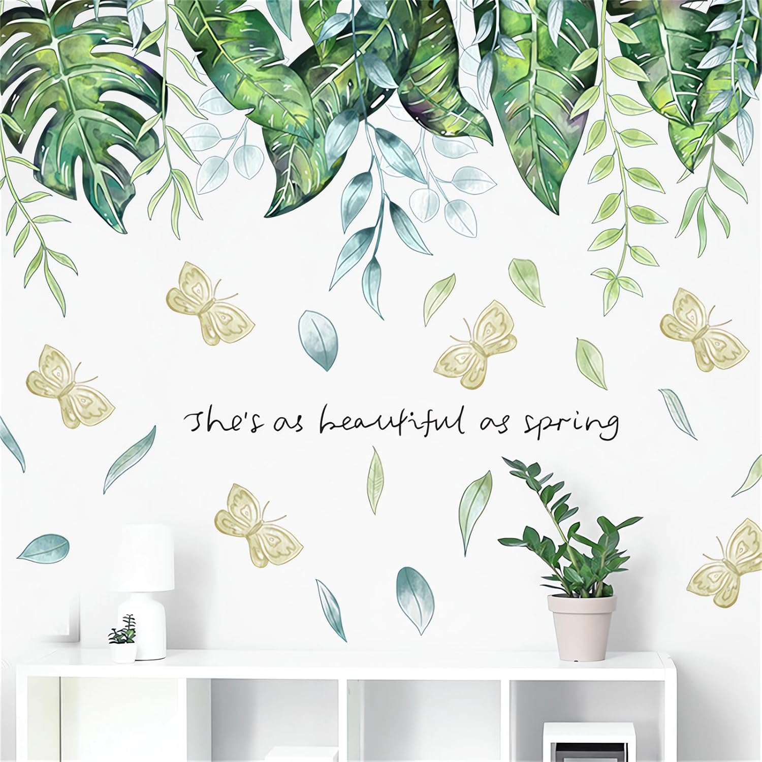 Tropical Greenery Foliage Hanging Vine Wall Stickers, Sacinora Green Plants Butterfly Art Wall Decals Removable Vinyl Peel and Stick for Living Room Bedroom Children'S Room Sofa TV Background - Green C image number 3