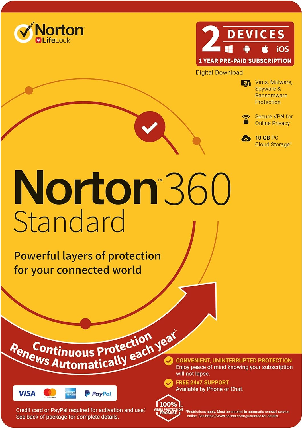 Norton 360 Standard 10GB 1 User 2 Devices PC MAC Android Ios DVD, OEM Security Software | Digital Delivery Same Day