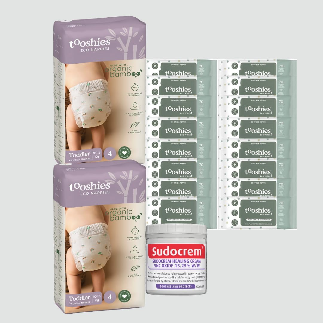 Tooshies Eco Nappies Size 4 Toddler 10-15Kg, 72 Count, White + Tooshies Aloe Vera & Chamomile Eco Wipes, Pack of 1120 (16X70 Packs) + Sudocrem Healing Cream 400G image number 2