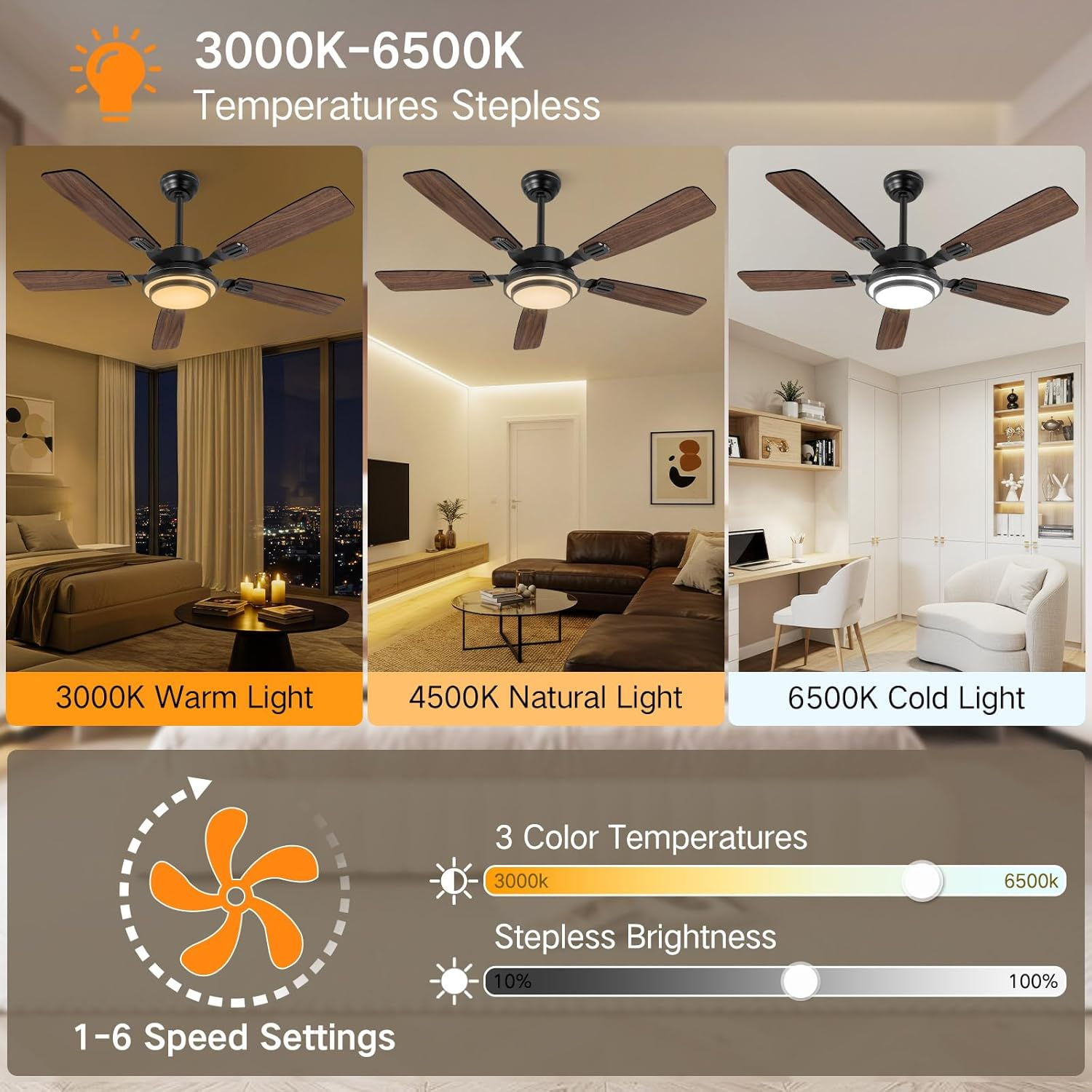 OUTON 52 Inch RGB Ceiling Fan with Light, Remote & APP Control, Low Profile Ceiling Fans, Reversible 6 Speeds, 3000-6500K Stepless Dimming, Modern Ceiling Light for Bedroom Indoor Outdoor Use, Walnut