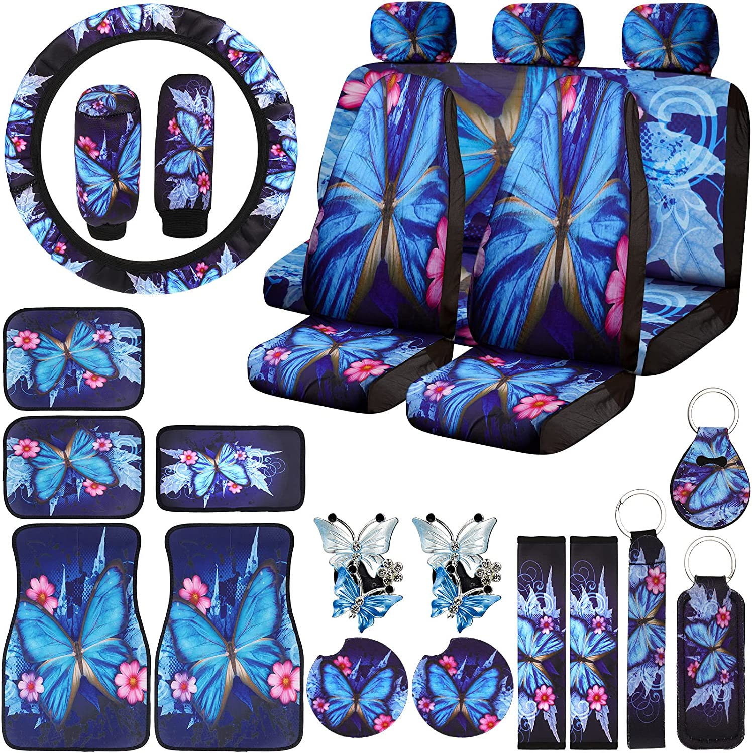 Frienda 24 PCS Butterfly Car Accessories Car Seat Covers Full Set Floor Mats Steering Wheel Cover Seat Belt Pads Center Console Pad Cup Holders for Women(Purple Butterfly Pattern)