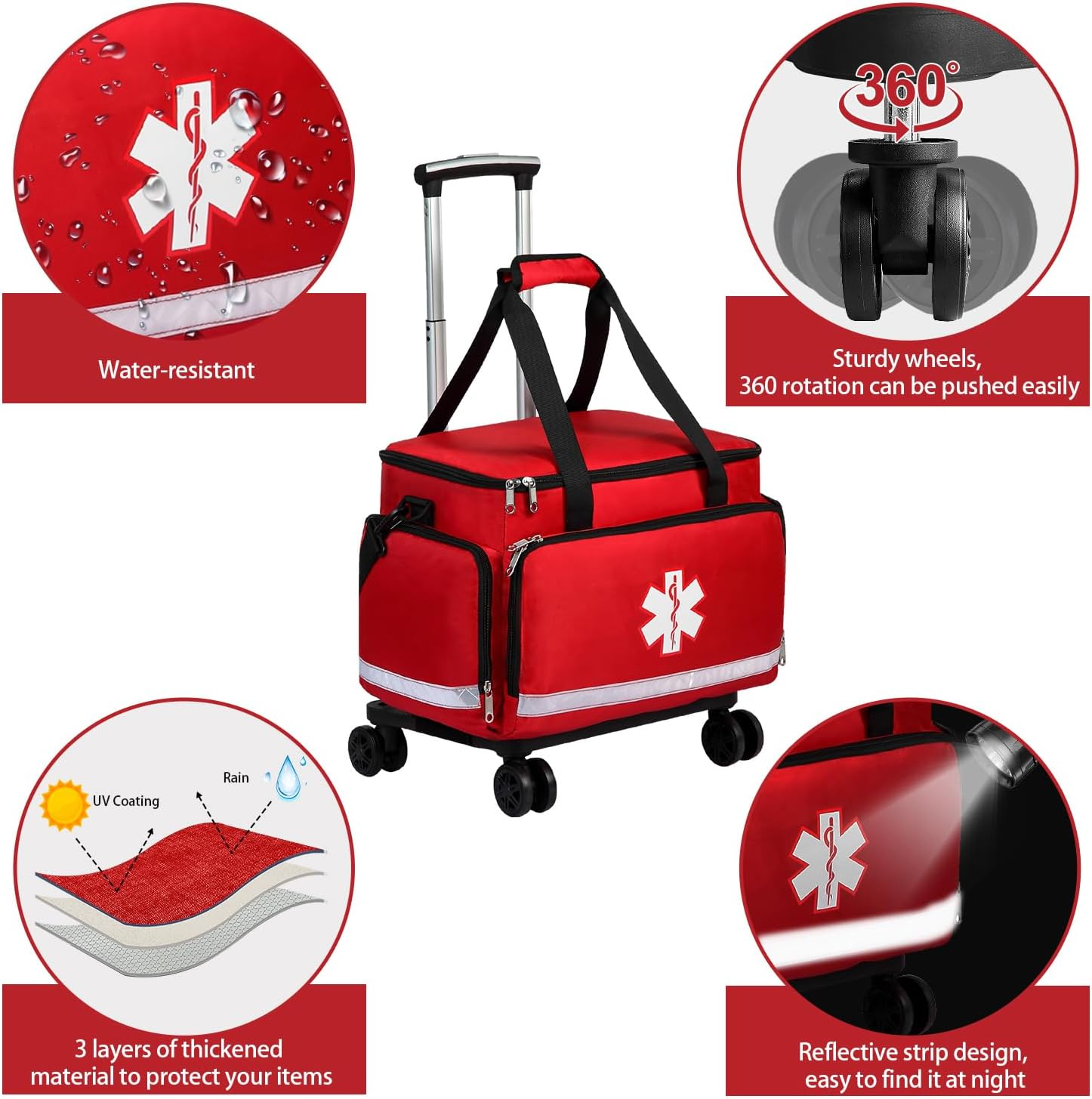Medical Bag Rolling Roller Bag Trolley Duffel Nurses EMT CNA RN Empty for First Aid Responder Home Health Care Nursing Student Roll Duffle Bag Carry on Wheels Wheeled Work Physicians Doctor, Red image number 3