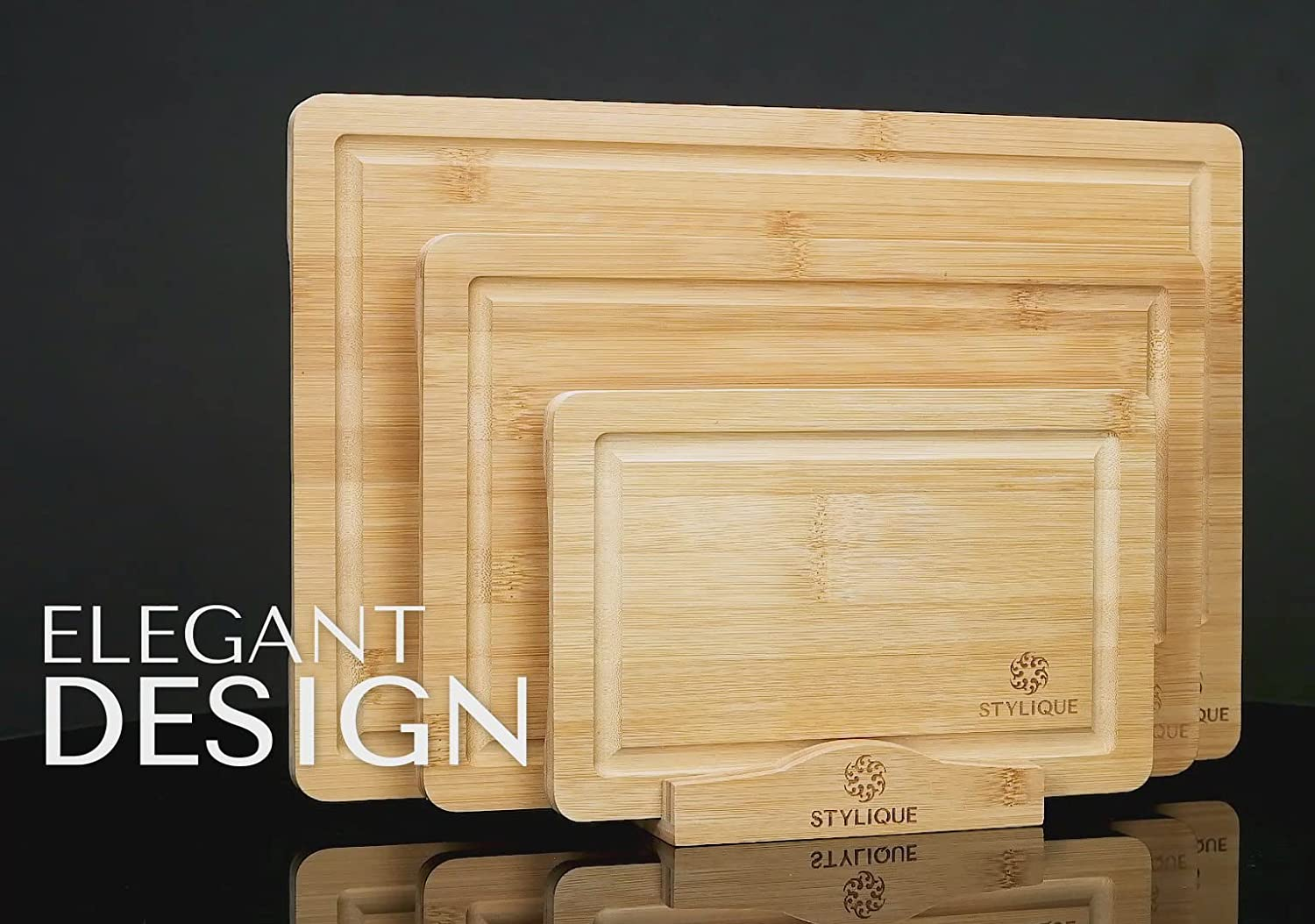 STYLIQUE Wooden Chopping Board Set of 3 with Cutting Board Organiser, Meal Prep Wooden Cutting Boards, Large Chopping Board and Serving Tray, Cheese Board, Kitchen Tools Gadgets, Bamboo Chopping Board image number 2