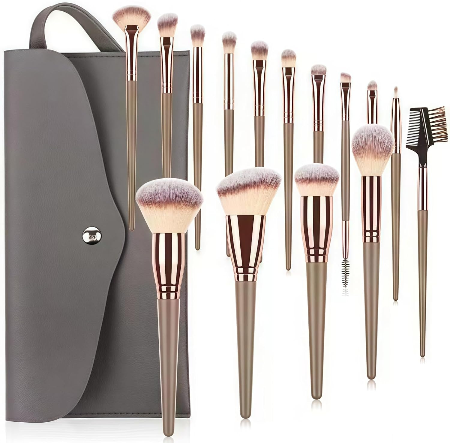 TANSAR 15 Pieces Makeup Brush Set, Professional Makeup Brush Set in Coffee Brown, Makeup Brush Set with Leather Bag, Travel Size for Highlights and Contours image number 2