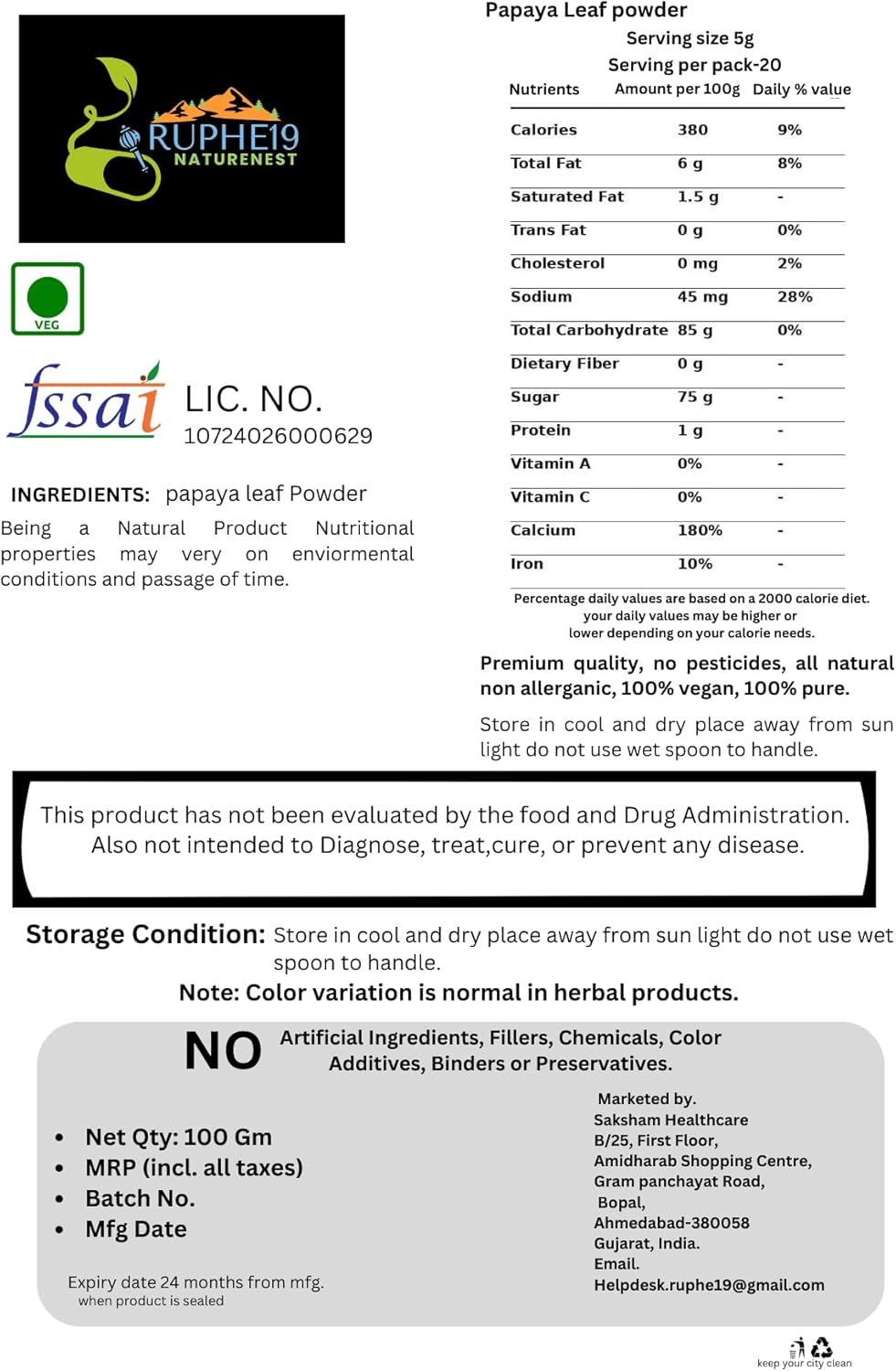 Organic Papaya Leaf Powder - 100G | 100% Pure, Non-Gmo, Gluten-Free, Rich in Antioxidants & Nutrients | Supports Digestion, Immune Health & Detoxification Brand: RUPHE19 NATURENEST Product Type: Organic Papaya Leaf Powder Quantity: 100G Packaging: Resealable Pouch Origin: INDIA Shelf Life: 24 Months from Date of Manufacturing image number 1