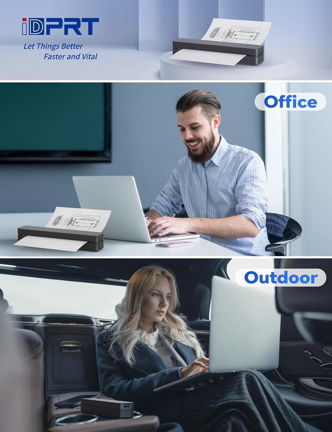 Portable Thermal Printer for Travel - 300DPI Mobile Inkless Printers, Wireless Small Printer for Home Use, Office, Vehicles, Bluetooth Printers Supports 8.5" X 11" US Letter & A4 & A5 Size, Black image number 1