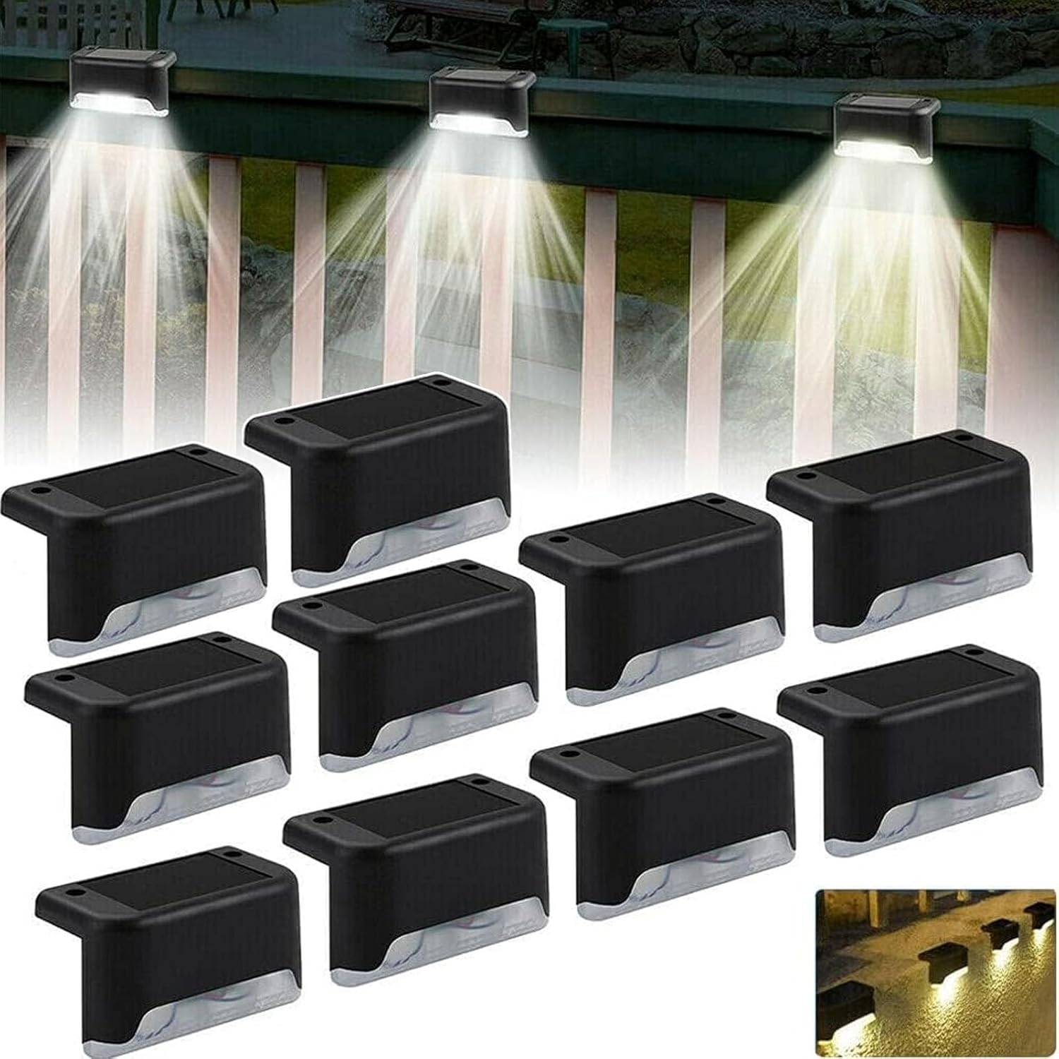 10 Pcs Solar Deck Lights, LED Waterproof LED Solar Step Lights Lamp Outdoor Lighting for Stair, Deck, Patio, Yard, Pathway, Fences, Driveway and Porch Railing (Color Light)