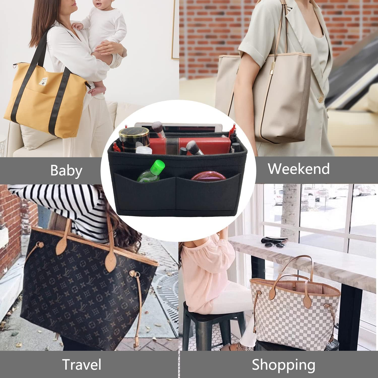 Purse Organizer Insert for Handbags, Felt Bag Tote 3 Sizes for Speedy, Large Tote Insert Felt Purse Zipper Bag Organizer (M Black No Zipper-26 * 15 * 14Cm)