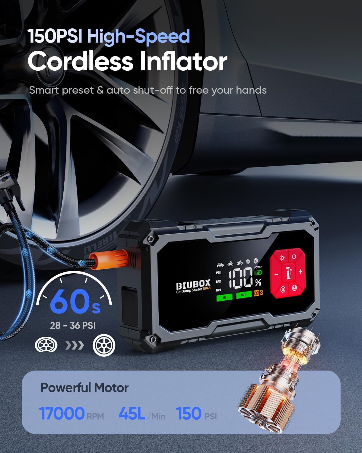 Car Jump Starter with Tyre Inflator 150PSI, Biubox 4500A 12V Portable Car Battery Jump Starter Power Bank Charger with Air Compressor, Jumper Leads, LED Display, Lights, Gloves (10L Gas/9L Diesel) image number 5