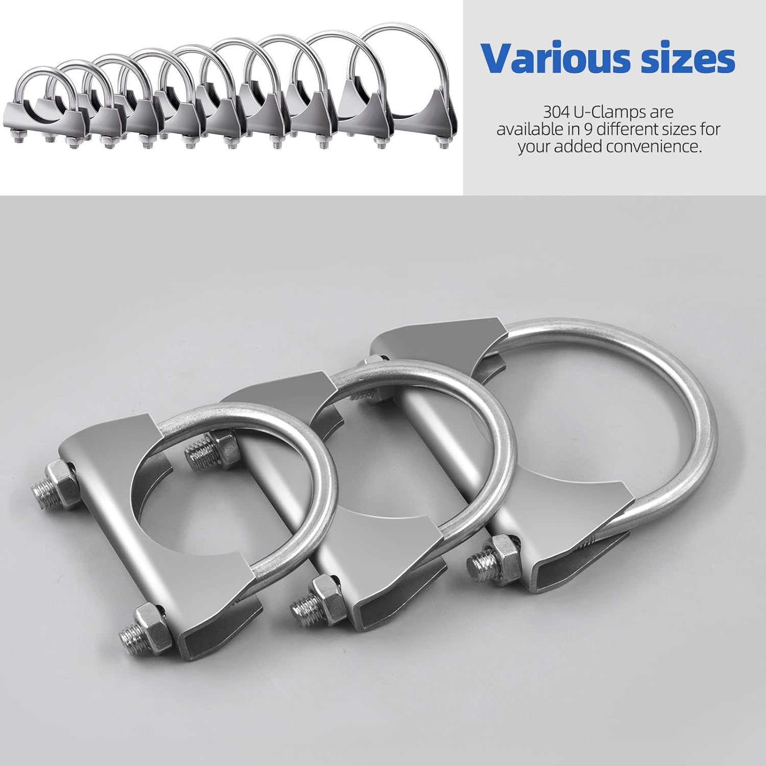 Glarks 2Pcs 304 Stainless Steel Exhaust U-Clamps 63MM (2-1/2In) Muffler Exhaust Clamps U-Bolt Clamps Design with Saddle Flange for Exhaust Tail Pipe image number 2