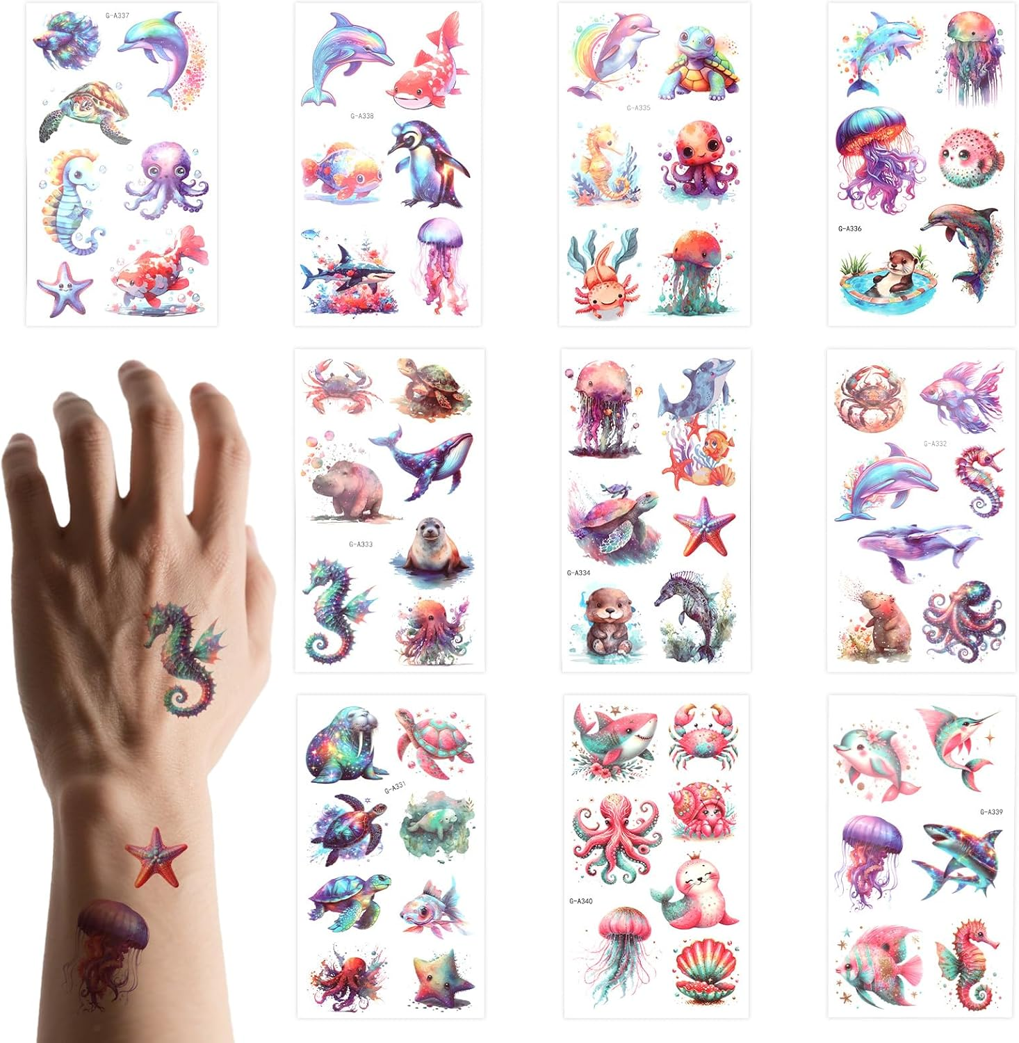 Lasuroa 10 Sheets Ocean Animals Temporary Tattoos, Waterproof Watercolor Marine Life Tattoo Stickers for Kids Boys Girls Adults Arms & Shoulders Birthday Party Decor Supplies image number 6