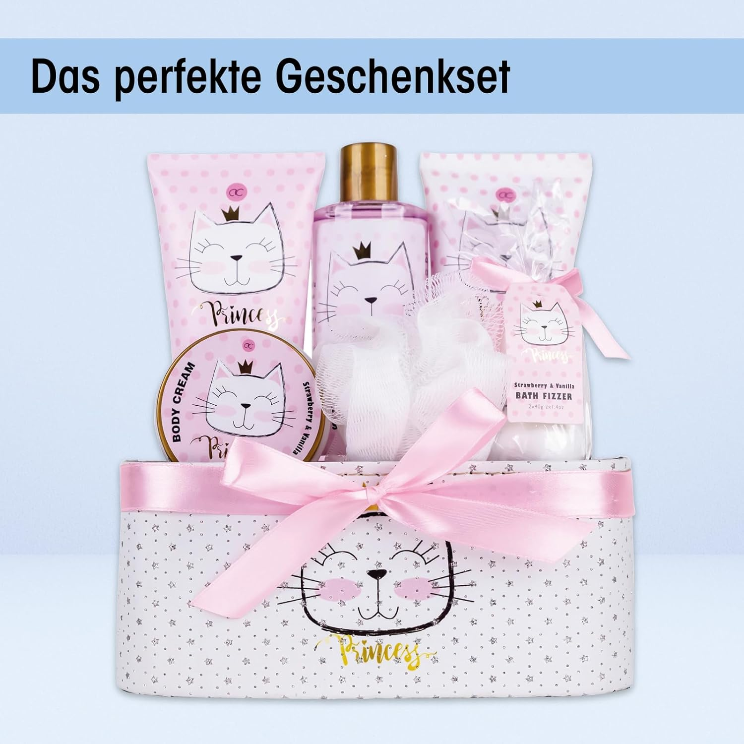 Accentra Princess Kitty Gift Set for Girls & Women - 7 Piece Shower Set with Bubble Bath, Exfoliating, Shower Gel, Body Lotion & More - Strawberry & Vanilla Fragrance in Sweet Gift Box image number 3
