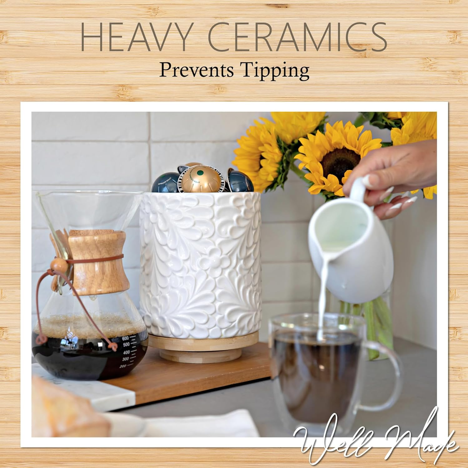 Extra Large 360&deg; Rotating Utensil Holder for Kitchen Counter, 8.3&rdquo; Cooking Utensil Holder for Countertop with Bamboo Base, White Ceramic Utensil Crock Canister for Cooking Utensils - Engraved Design image number 4