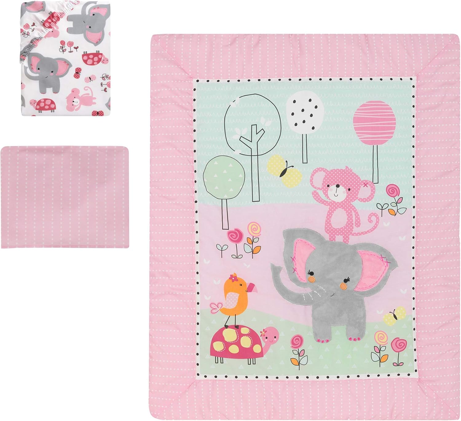 Bedtime Originals Twinkle Toes Jungle Elephant 3 Piece Bedding Set, Pink/White image number 1