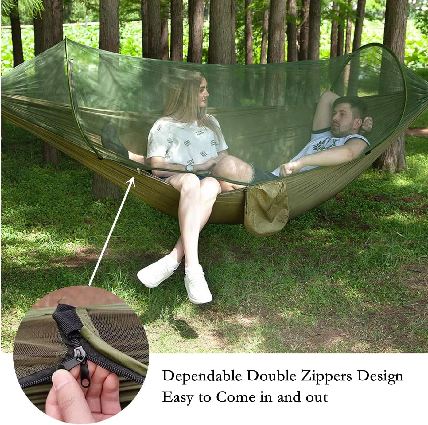 Camping Hammock with Net, Lightweight Portable Double Parachute Hammocks, 210T Nylon, High Capacity and Tear Resistance, Perfect for Camping, Backyard Relaxation (Armygreen) image number 1