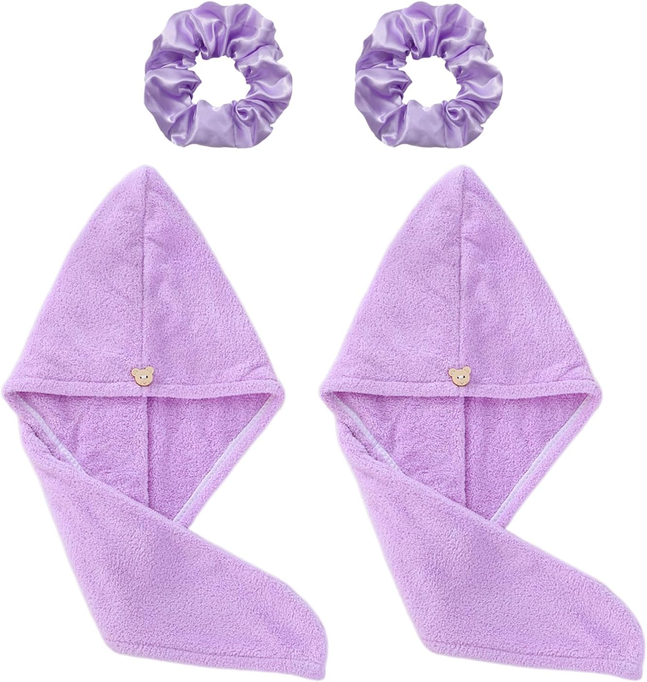 UDNFHL Pack of 2 Purple Dry Hair Caps and 2 Hair Rings, Water-Absorbing Shower Cap, Soft and Comfortable Dry Hair Cap, Bath Accessories. image number 3