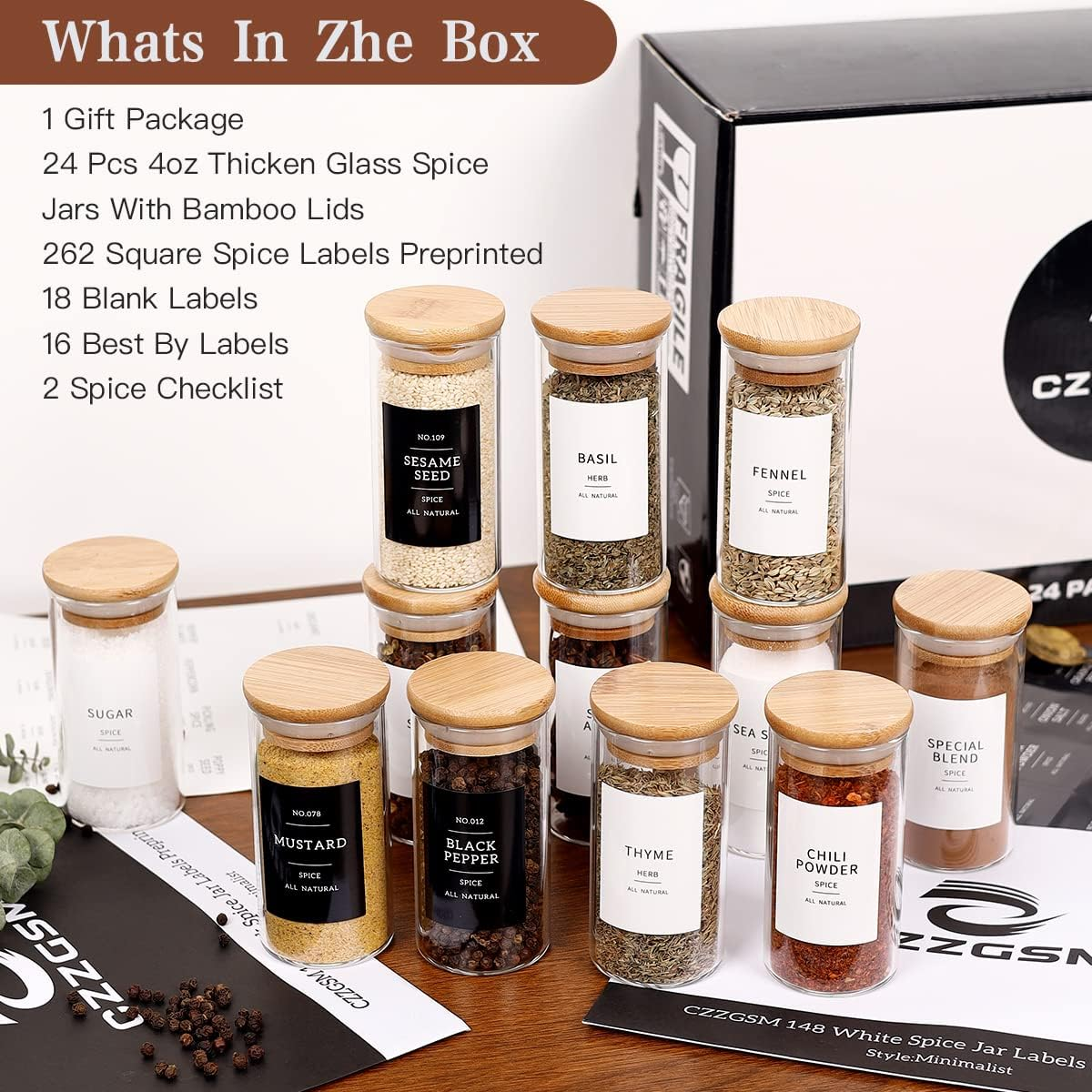 CZZGSM 24 Pcs Glass Jars with 296 Spice Labels Preprinted of White and Black Color- 4Oz Thicken(2.4Mm) Empty Small Herb Seasoning Containers with Bamboo Airtight Lids image number 1