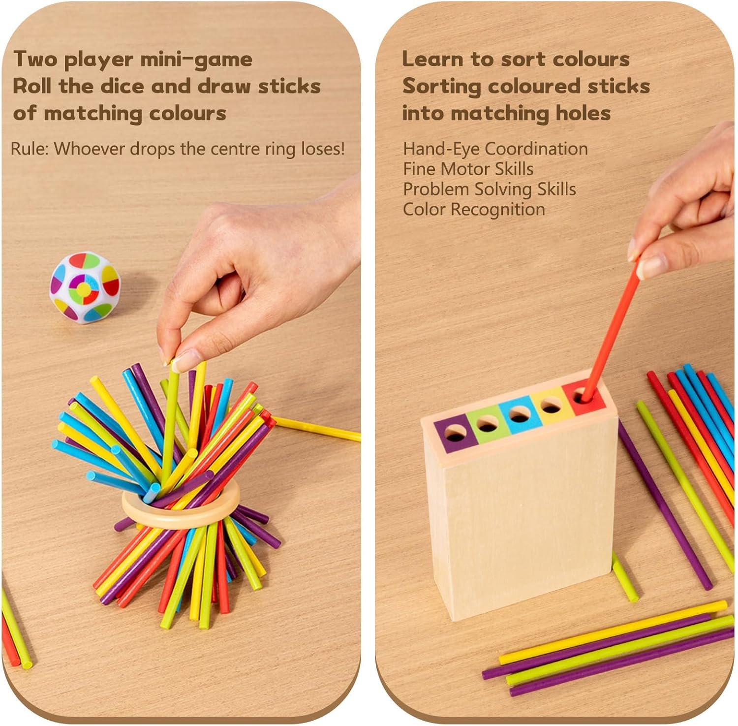 Montessori Educational Toys for 3 Year Old Fine Motor Skills Toys for 5 Year Old Wooden Board Game - with Colorful Sticks, Dice & Stones, Family Game Gifts for Age3 4 5 6 7 8 Boys Girls image number 2