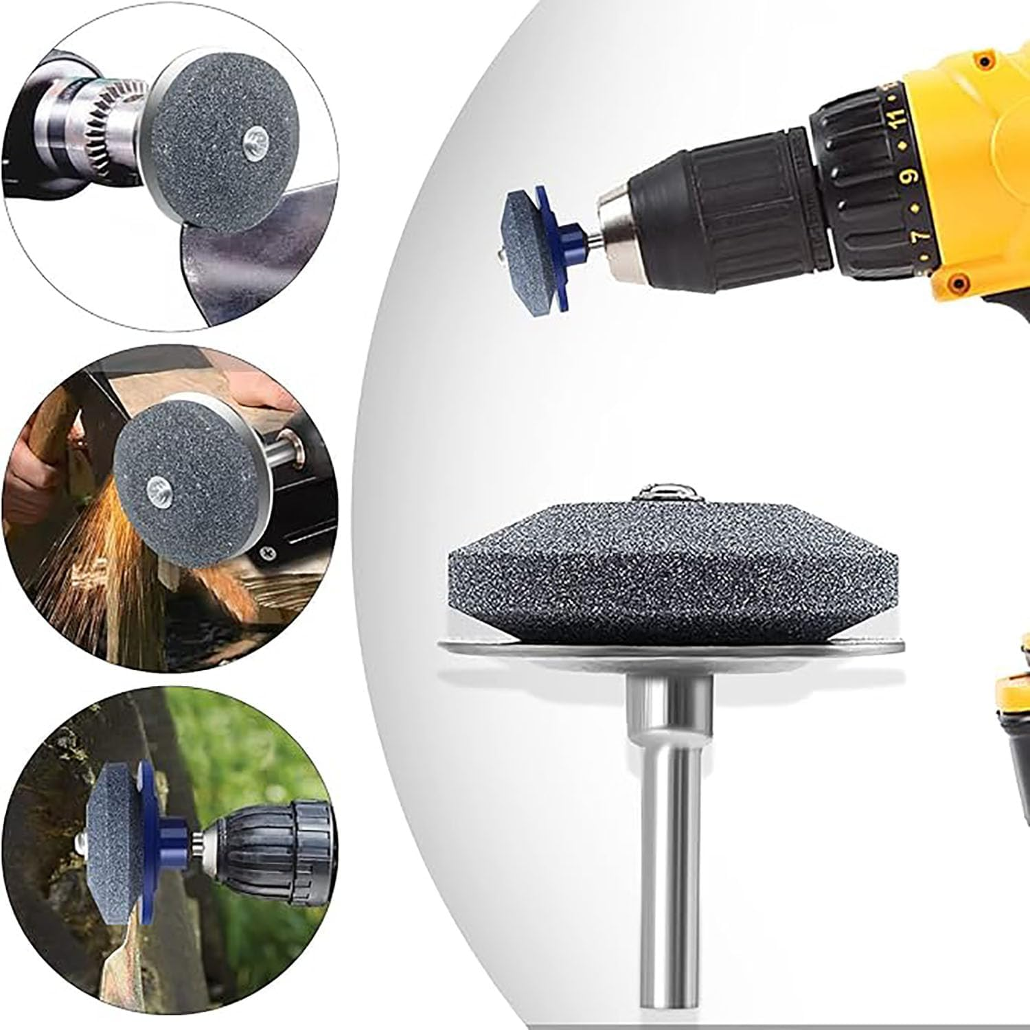 4 PCS Lawn Mower Blade Sharpener with 1 Pcs Balancer, Universal Multi-Sharp Rotary Lawnmower Sharpen for Power Drill Hand Drill and Lawn Mower Blade Balancer, Mower Sharpening Stone Wheel Kit image number 1