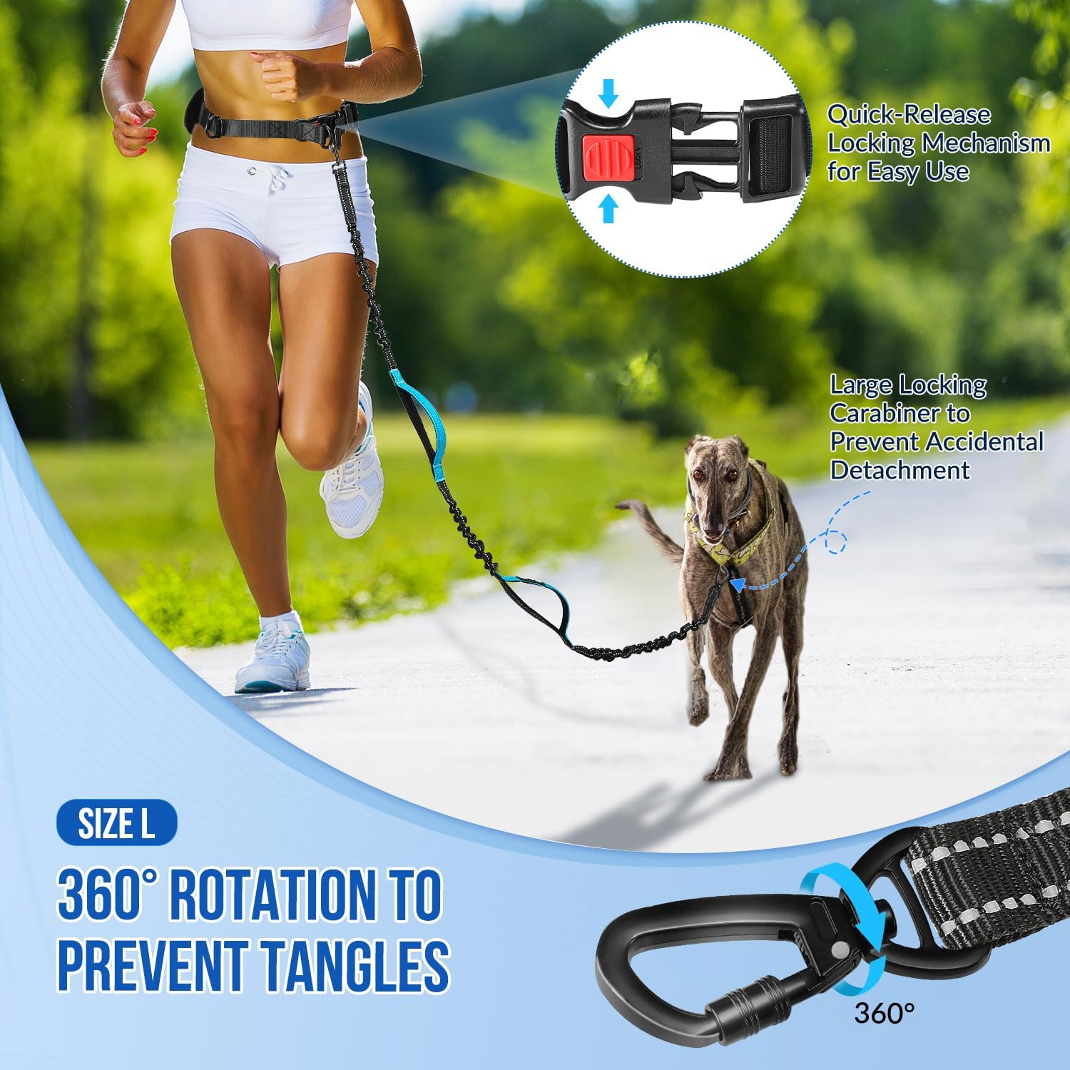 AUTOWT Retractable Hands Free Dog Leash with Pouch, Adjustable Waist Belt Fanny Pack, Reflective Stitching Leash for Running Walking Hiking Jogging Biking (Blue, L) image number 4