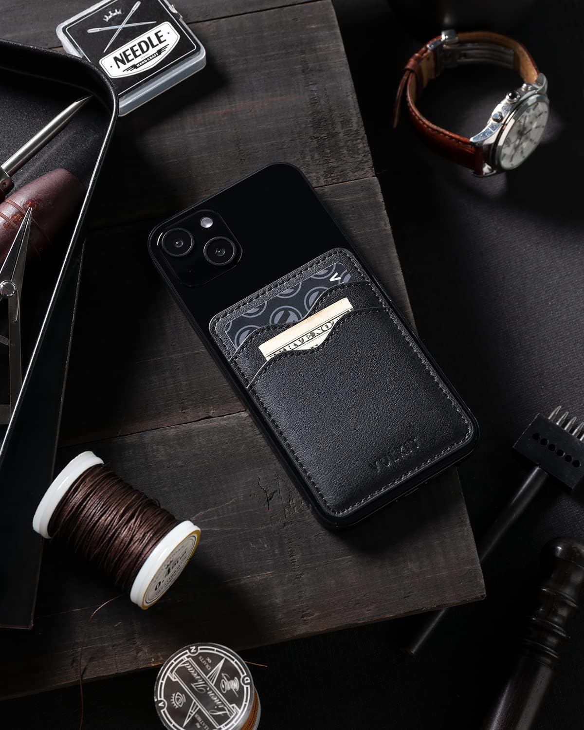 VULKIT Stick on Card Holder Compatible for Iphone Leather Cell Phone Wallet Credit Card Case Strong Sticker for Women (Black)