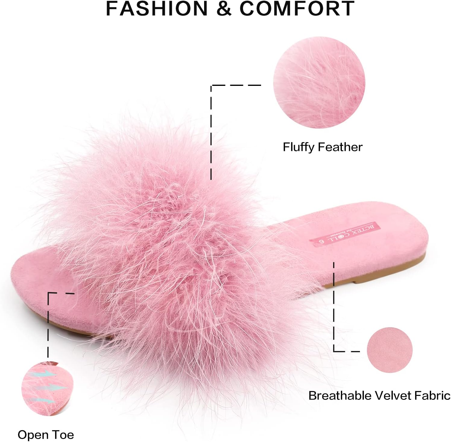 BCTEX COLL Women'S Fuzzy Open Toe Slippers Memory Foam Feather Slides Fluffy Furry Indoor House Sandals image number 4