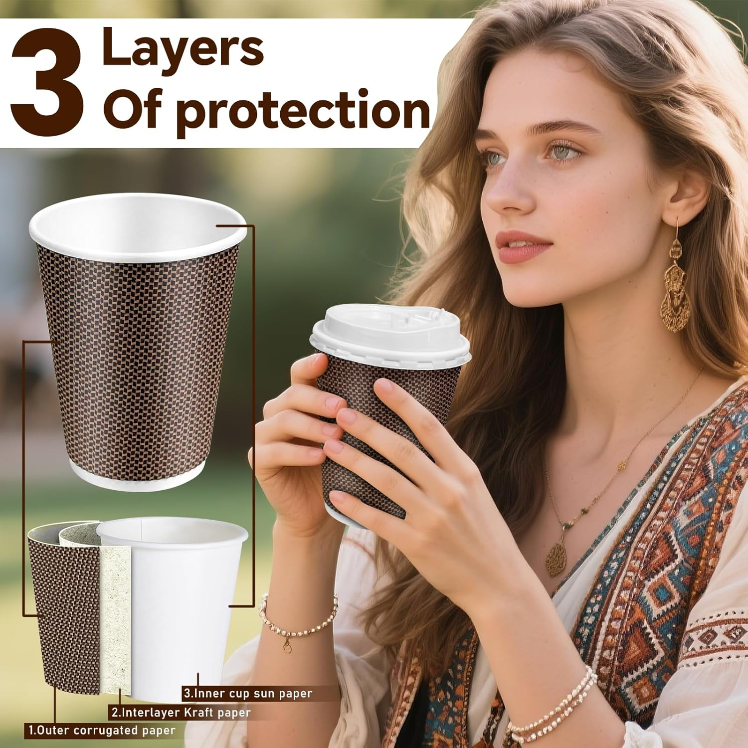 50Pack 12Oz Disposable Paper Cups, Leakfree Triple Wall Coffee Cups with Lid and Straws, to Go Paper Coffee Cup for Coffees,Tea,Chocolate,Hot Cold Drink, Ideal for Home,Parties,Weddings image number 4